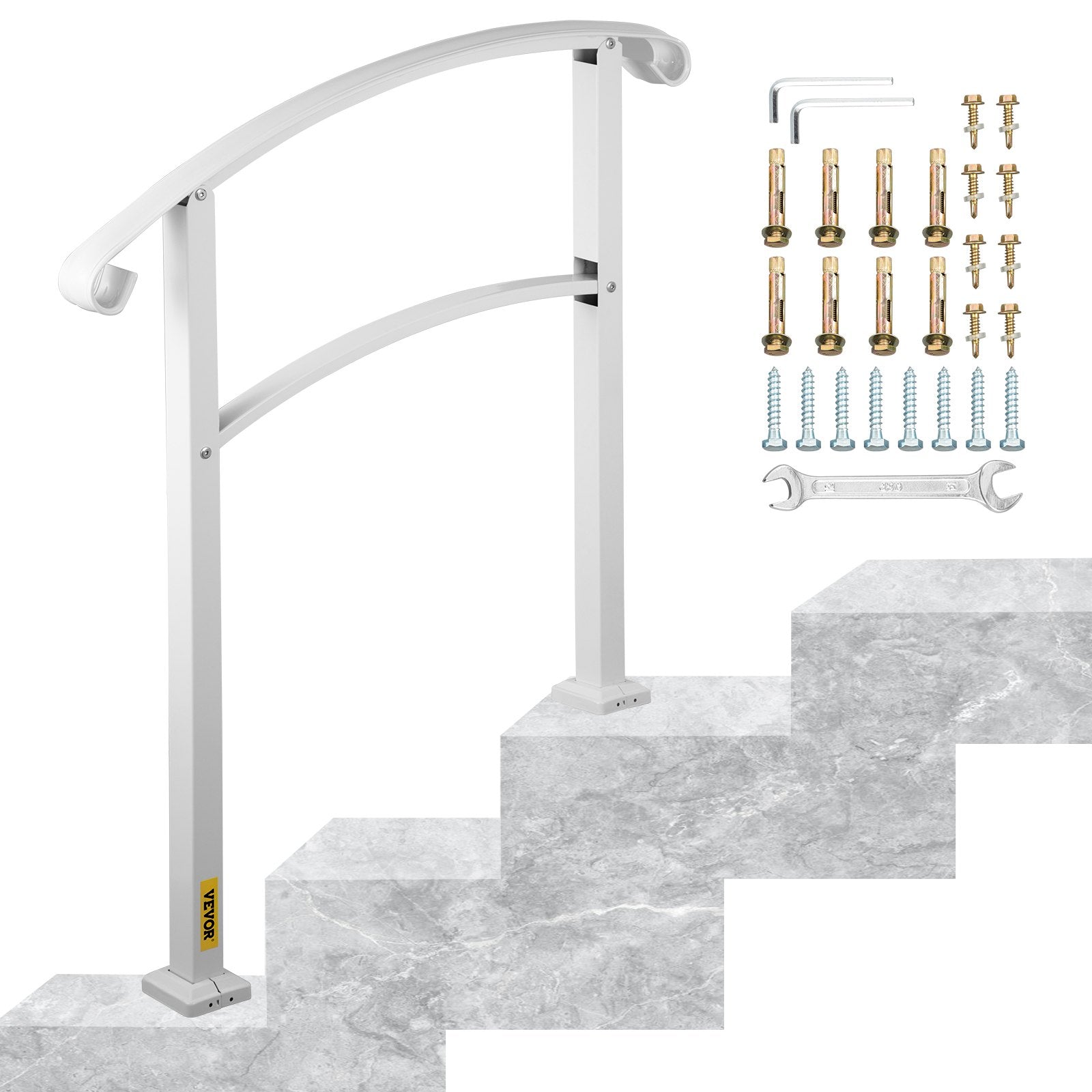 Door Hardware: VEVOR 3-Step Handrails for Outdoor Steps Fits 1 or 3 Steps Matte White Stair Rail Wrought Iron Handrail with Installation Kit Hand Rails for Outdoor Step