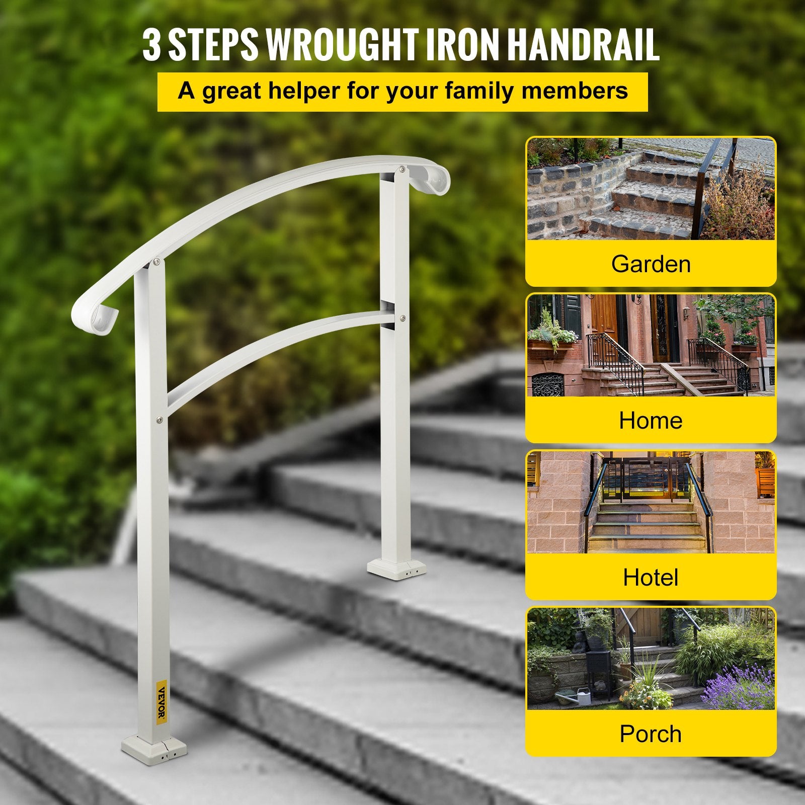 Door Hardware: VEVOR 3-Step Handrails for Outdoor Steps Fits 1 or 3 Steps Matte White Stair Rail Wrought Iron Handrail with Installation Kit Hand Rails for Outdoor Step