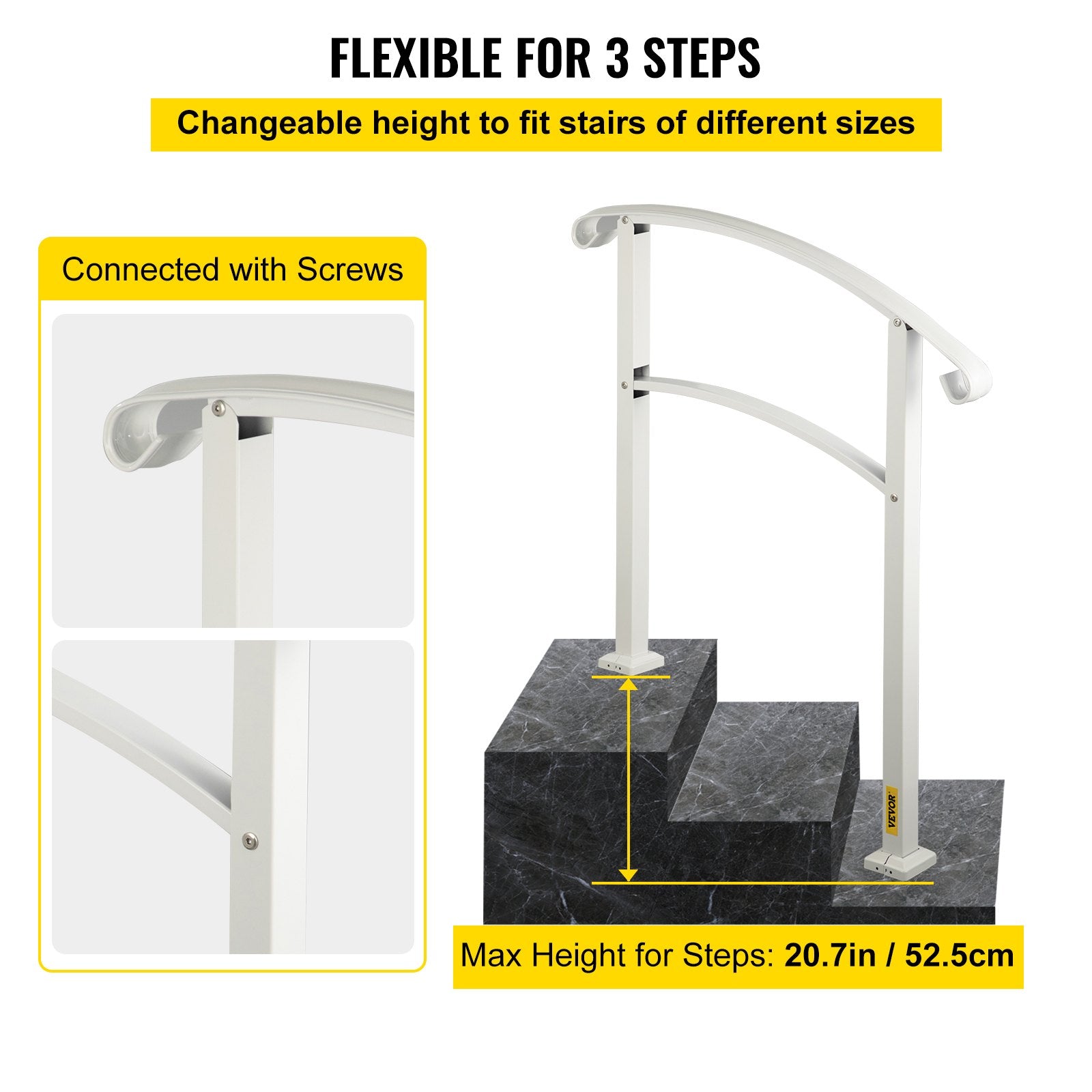 Door Hardware: VEVOR 3-Step Handrails for Outdoor Steps Fits 1 or 3 Steps Matte White Stair Rail Wrought Iron Handrail with Installation Kit Hand Rails for Outdoor Step