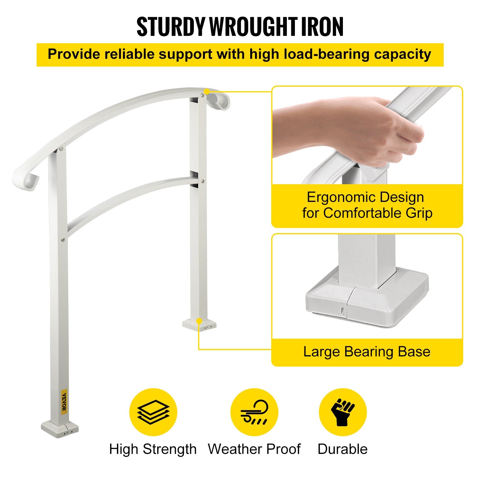 Door Hardware: VEVOR 3-Step Handrails for Outdoor Steps Fits 1 or 3 Steps Matte White Stair Rail Wrought Iron Handrail with Installation Kit Hand Rails for Outdoor Step