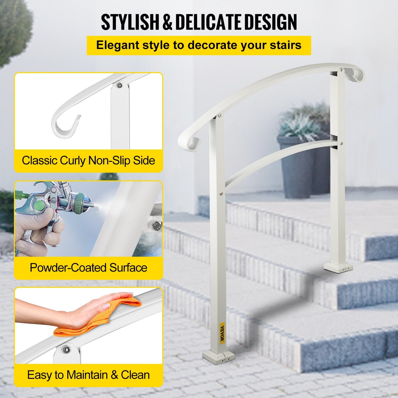 Door Hardware: VEVOR 3-Step Handrails for Outdoor Steps Fits 1 or 3 Steps Matte White Stair Rail Wrought Iron Handrail with Installation Kit Hand Rails for Outdoor Step