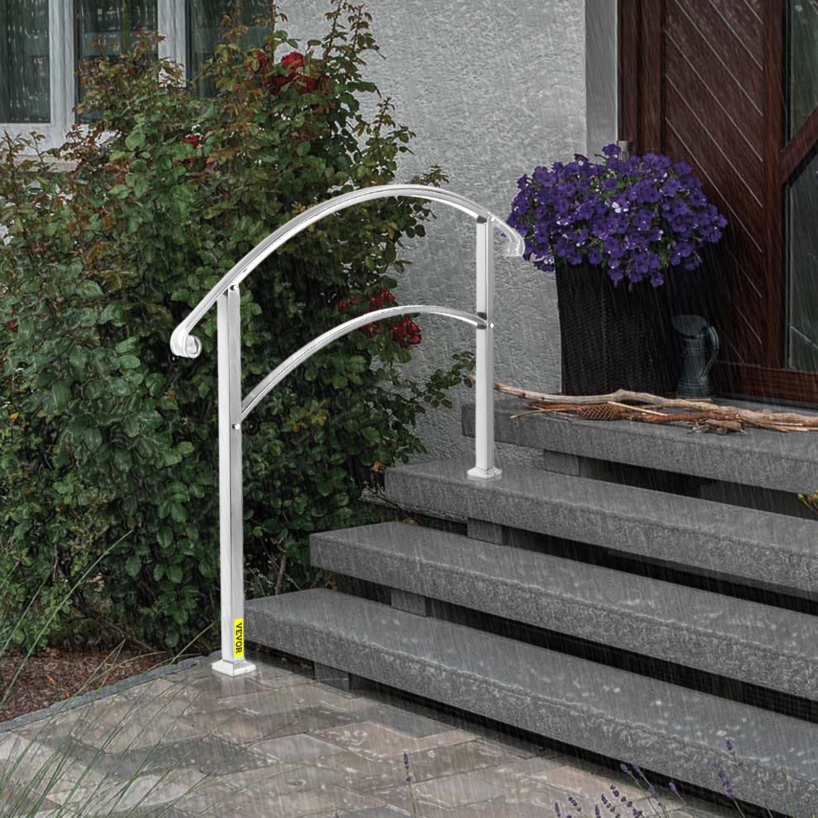 Door Hardware: VEVOR 3-Step Handrails for Outdoor Steps Fits 1 or 3 Steps Matte White Stair Rail Wrought Iron Handrail with Installation Kit Hand Rails for Outdoor Step