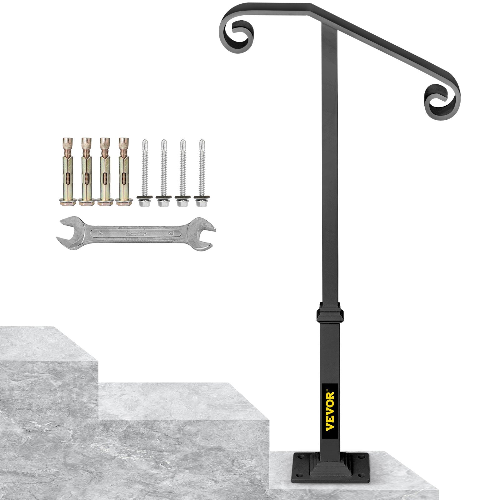 Dog Steps & Ramps: VEVOR Handrails for Outdoor Steps, Fit 1 or 2 Steps Outdoor Stair Railing, Single Post Wrought Iron Handrail, Gray Transitional Porch Railings for Concrete Steps or Wooden Stairs with Base