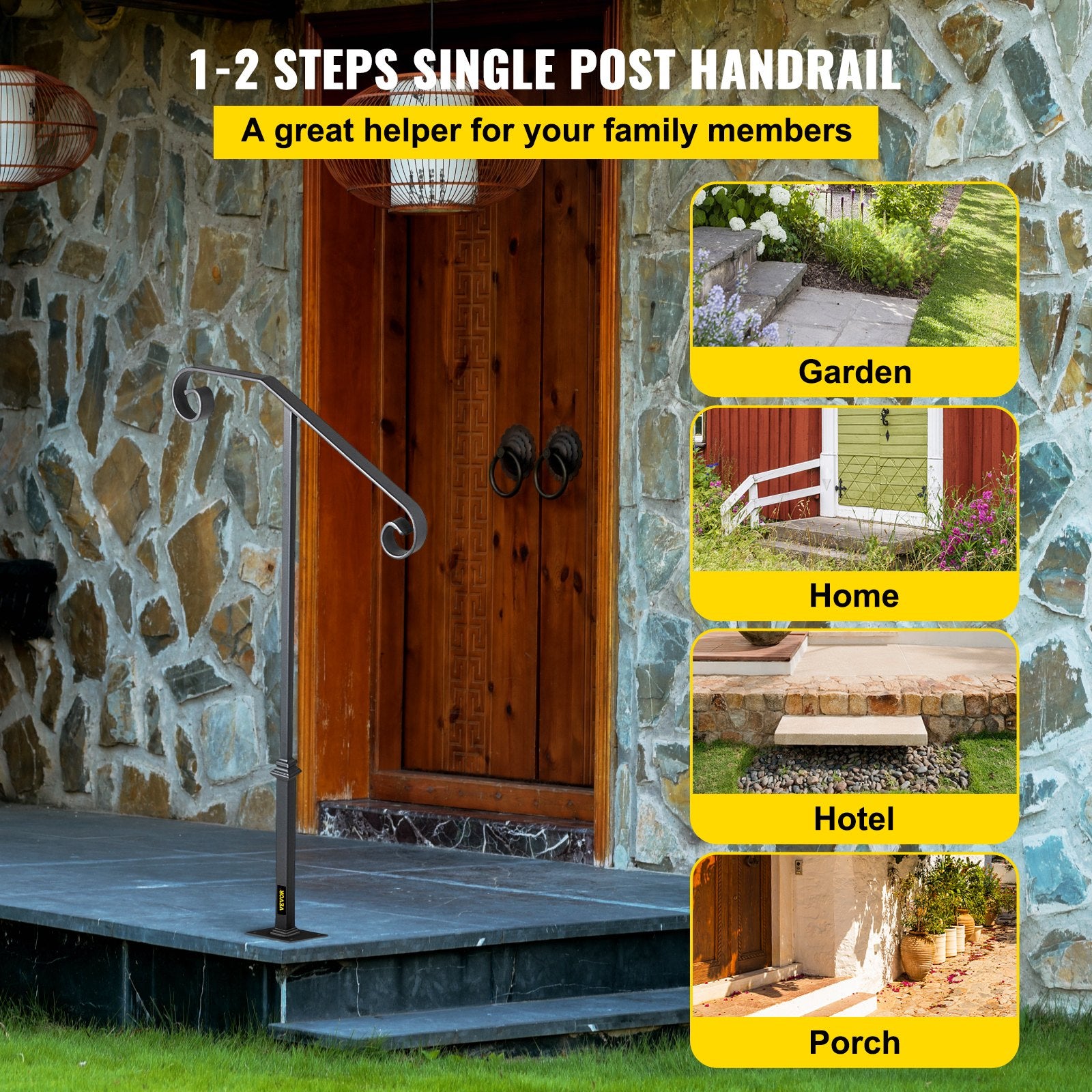 Dog Steps & Ramps: VEVOR Handrails for Outdoor Steps, Fit 1 or 2 Steps Outdoor Stair Railing, Single Post Wrought Iron Handrail, Gray Transitional Porch Railings for Concrete Steps or Wooden Stairs with Base