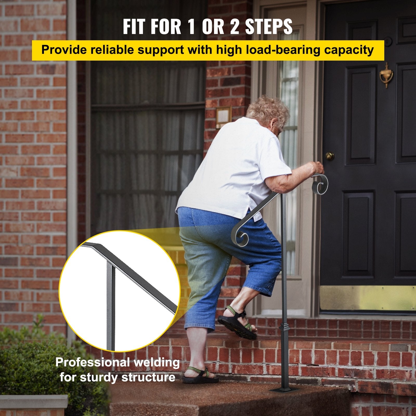 Dog Steps & Ramps: VEVOR Handrails for Outdoor Steps, Fit 1 or 2 Steps Outdoor Stair Railing, Single Post Wrought Iron Handrail, Gray Transitional Porch Railings for Concrete Steps or Wooden Stairs with Base
