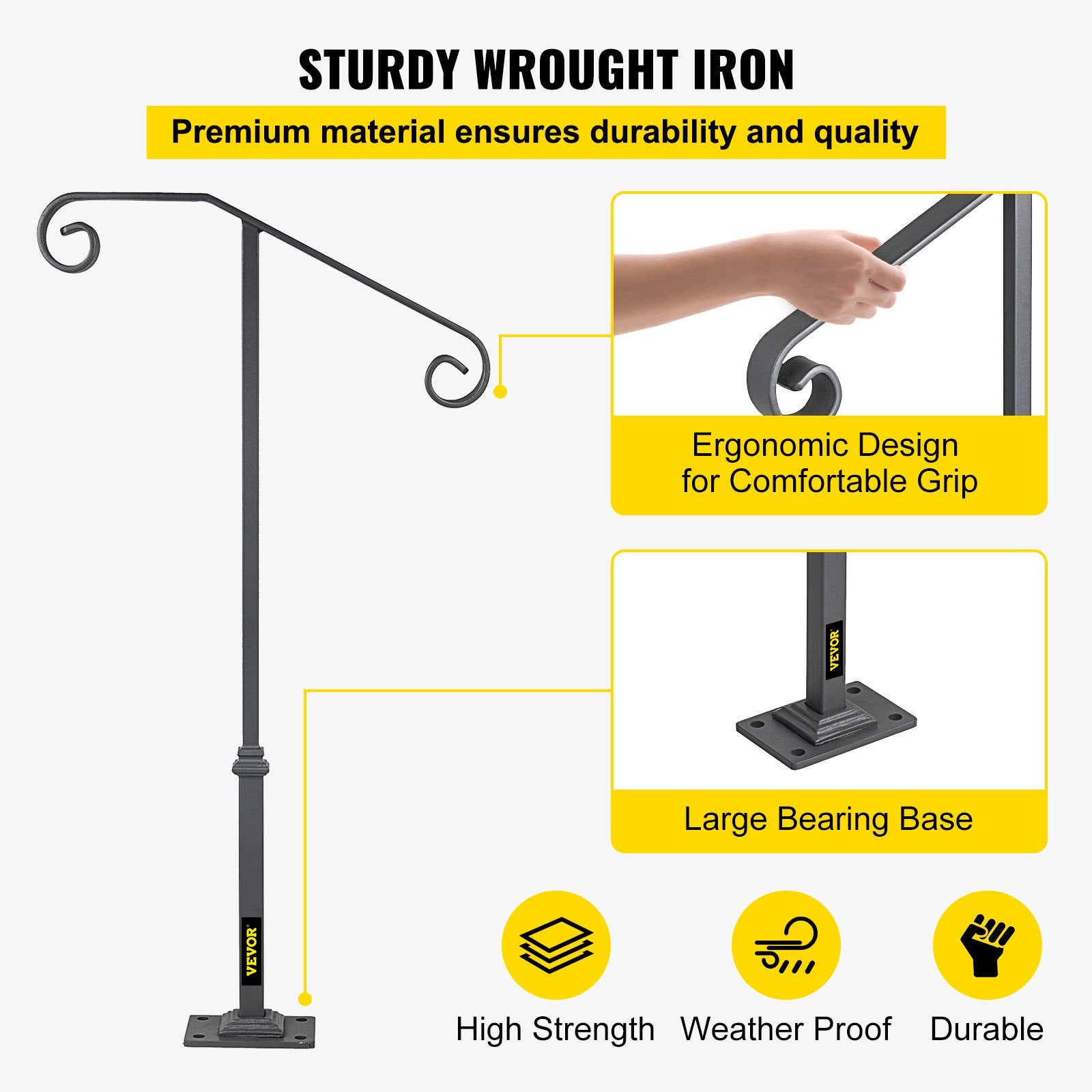 Dog Steps & Ramps: VEVOR Handrails for Outdoor Steps, Fit 1 or 2 Steps Outdoor Stair Railing, Single Post Wrought Iron Handrail, Gray Transitional Porch Railings for Concrete Steps or Wooden Stairs with Base