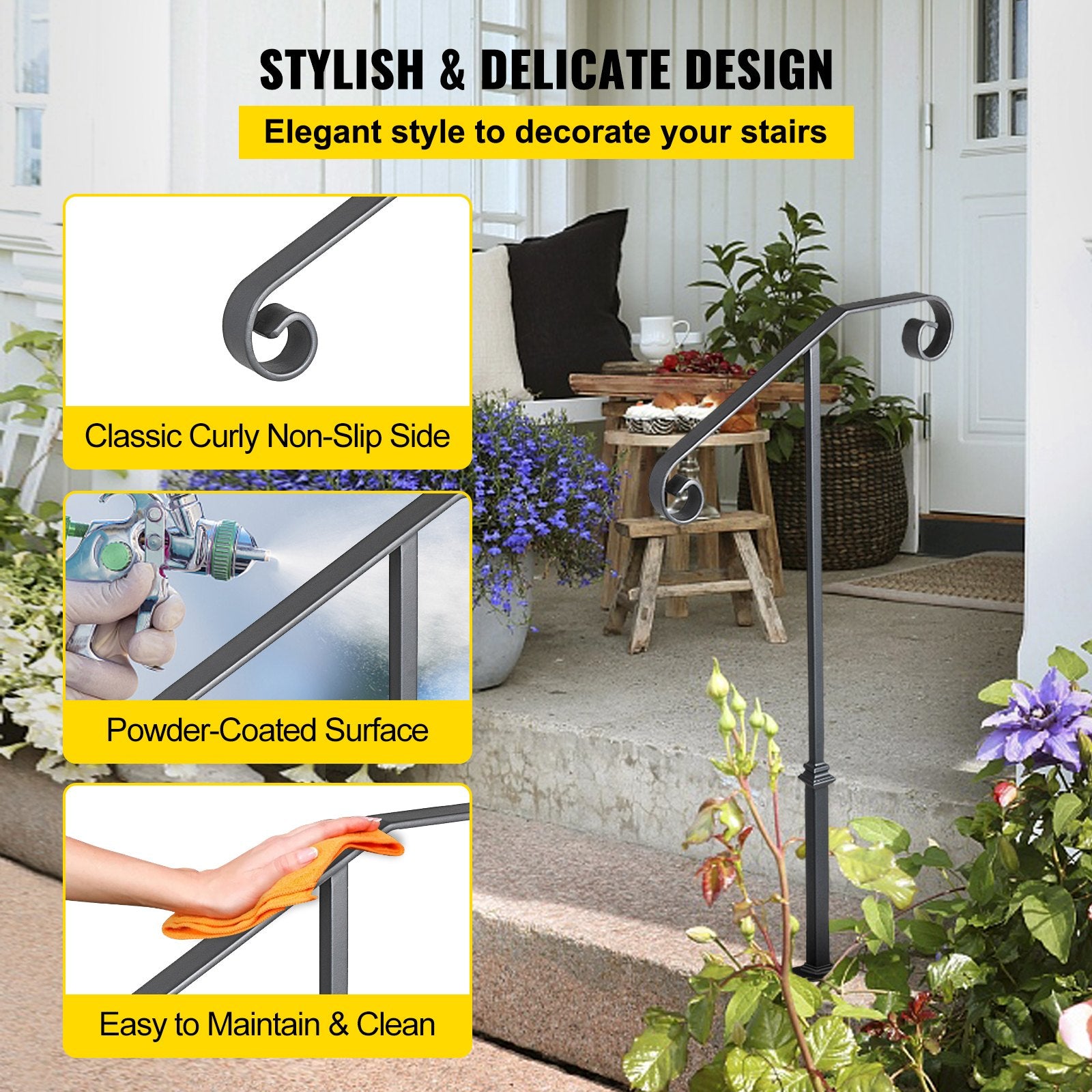 Dog Steps & Ramps: VEVOR Handrails for Outdoor Steps, Fit 1 or 2 Steps Outdoor Stair Railing, Single Post Wrought Iron Handrail, Gray Transitional Porch Railings for Concrete Steps or Wooden Stairs with Base