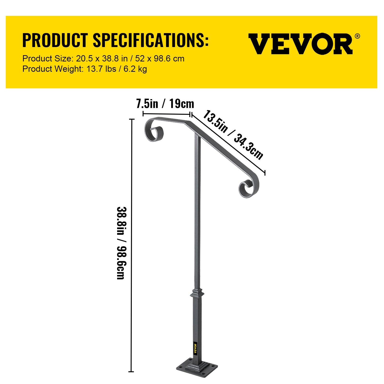 Dog Steps & Ramps: VEVOR Handrails for Outdoor Steps, Fit 1 or 2 Steps Outdoor Stair Railing, Single Post Wrought Iron Handrail, Gray Transitional Porch Railings for Concrete Steps or Wooden Stairs with Base