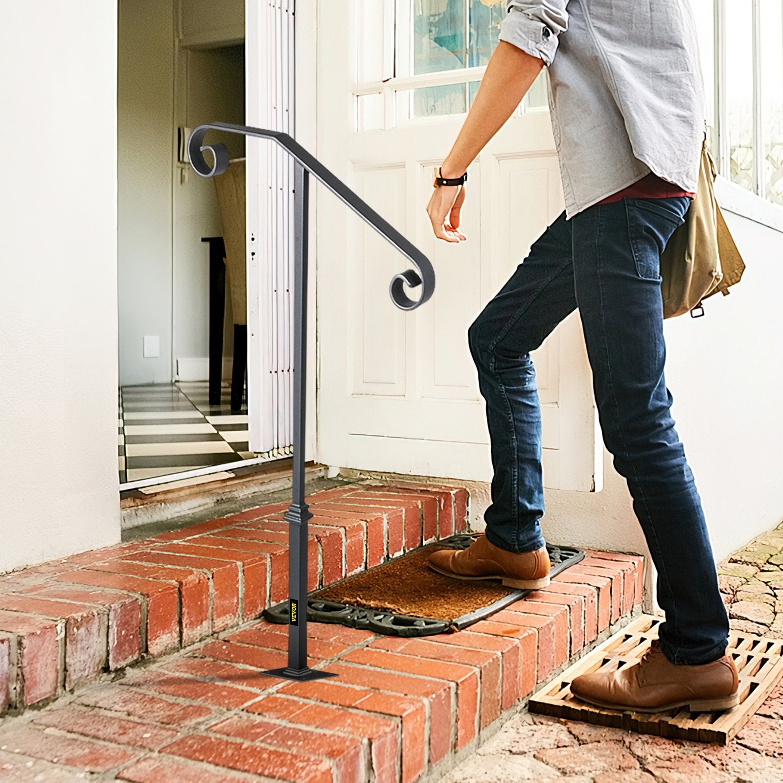 Dog Steps & Ramps: VEVOR Handrails for Outdoor Steps, Fit 1 or 2 Steps Outdoor Stair Railing, Single Post Wrought Iron Handrail, Gray Transitional Porch Railings for Concrete Steps or Wooden Stairs with Base