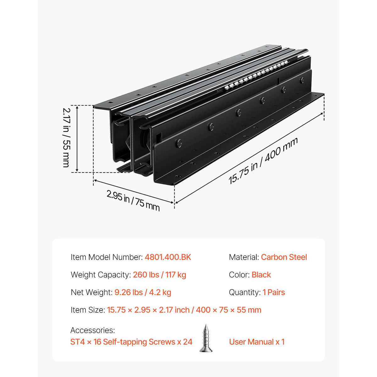 Undermount Drawer Slides, 16 inch, Full Extension Ball Bearing Under Stair Cabinet Rails, 260 LB Load Capacity Heavy Duty Bottom Stair Cabinet Glides Track Runners,for DIY Replacement, Black