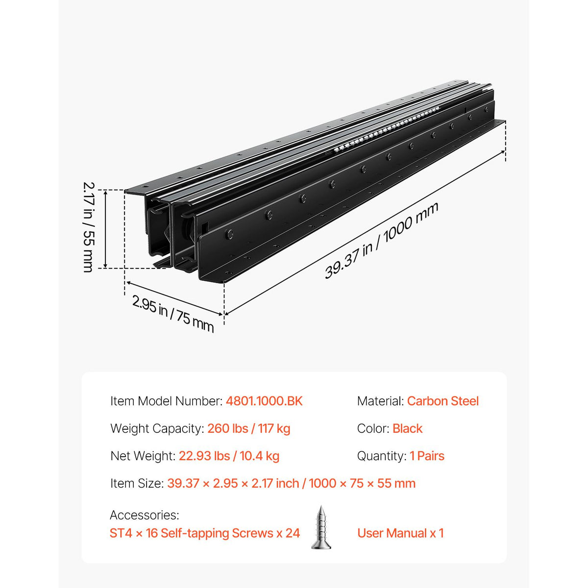 Undermount Drawer Slides, 40 inch, Full Extension Ball Bearing Under Stair Cabinet Rails, 260 LB Load Capacity Heavy Duty Bottom Stair Cabinet Glides Track Runners,for DIY Replacement, Black