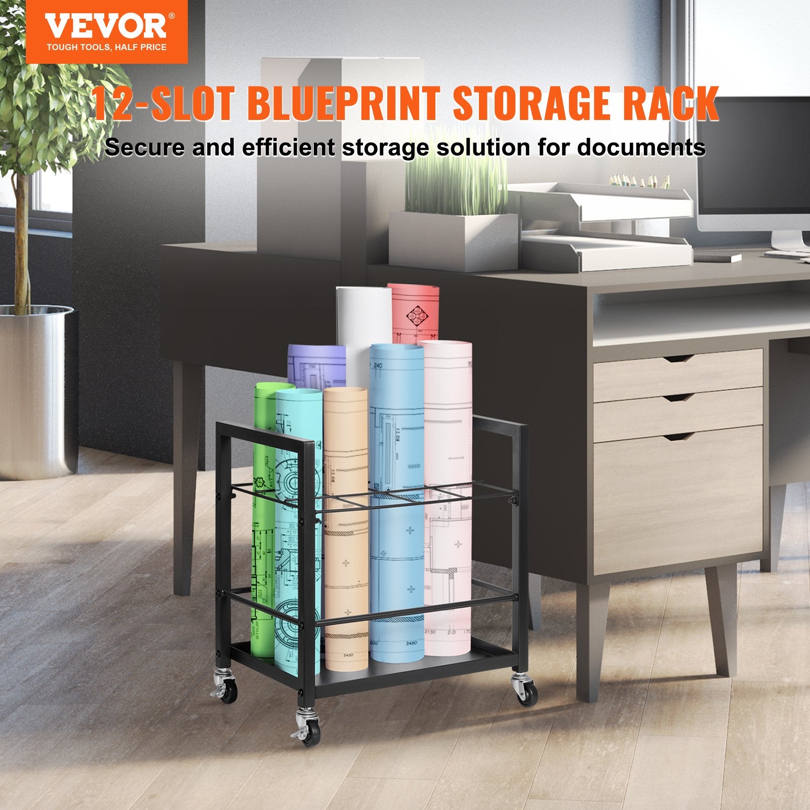 Storage Cabinets: VEVOR Blueprint Storage Rack, 12 Slots Blueprint Holder with Wheels, Mobile Metal Blueprint Storage Cart for Map Poster Architectural Construction Plan, Roll File Organizer for Home, Office, School