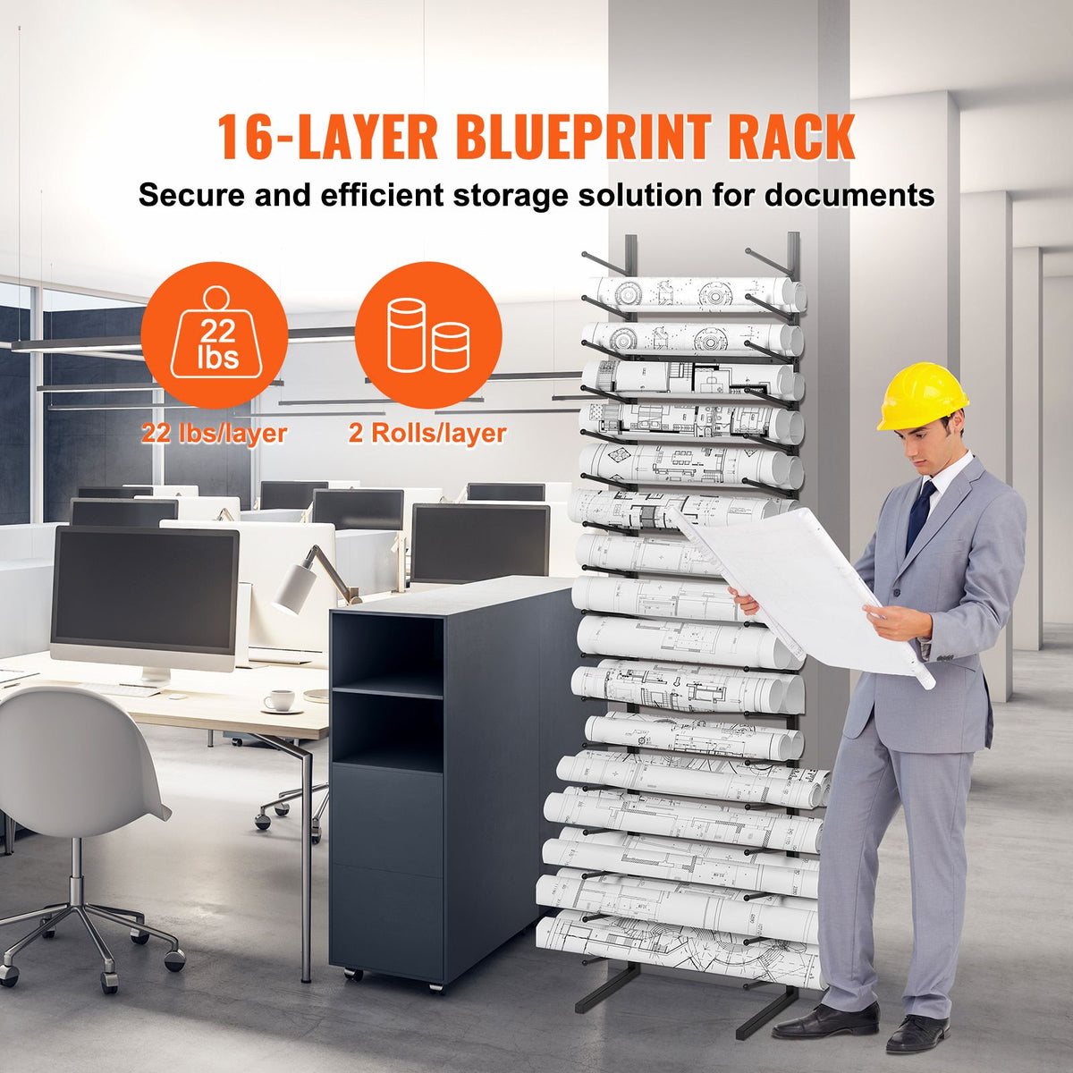 Blueprint Storage Rack, Hanging Poster Display Rack 16-Tier, Vertical Blueprint Roll File Holder 2 Rolls/tire, Roll File Storage Rack for Blueprint Map Poster