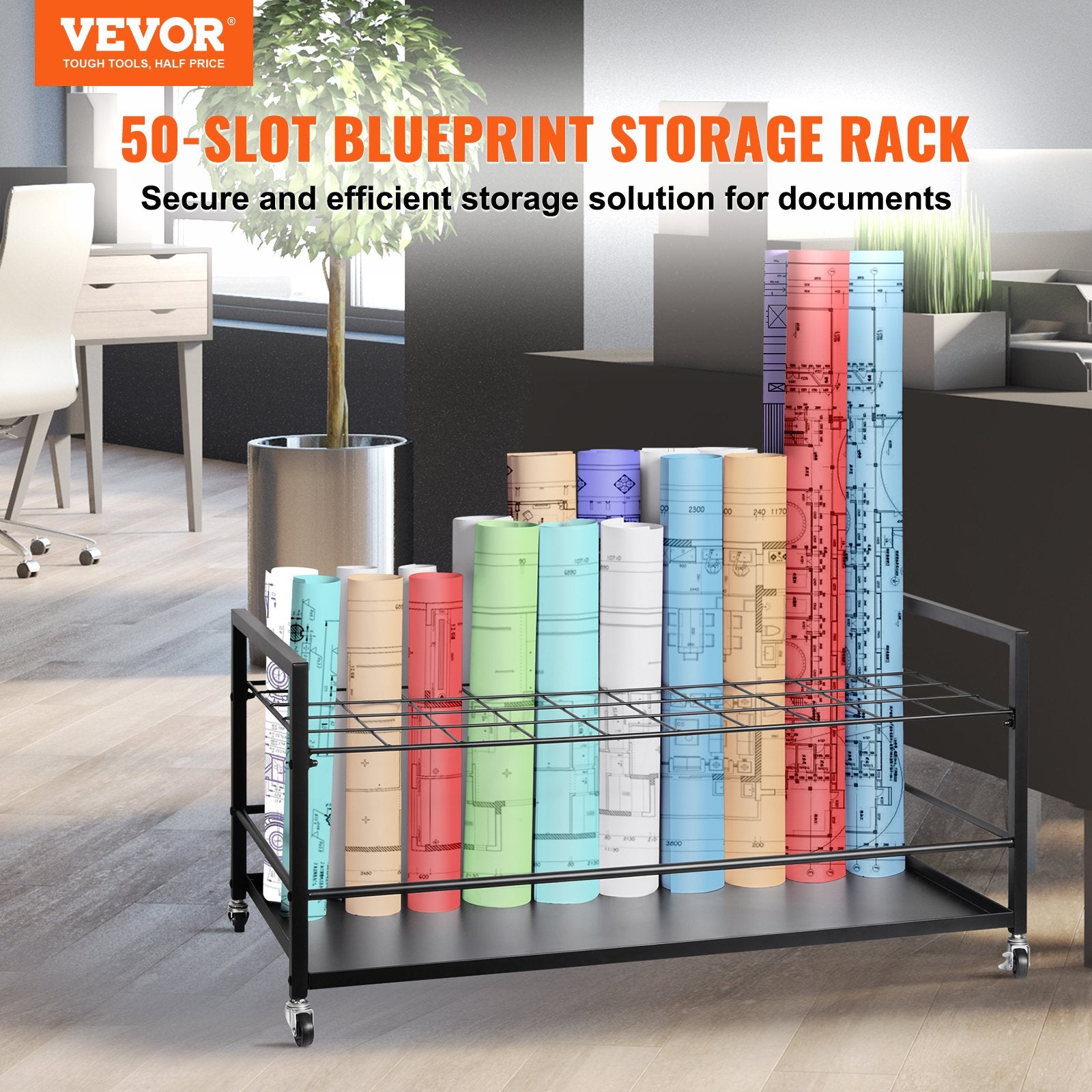 Desk Accessories: VEVOR Blueprint Storage Rack 50 Slots Mobile Roll File Holder for Architectural