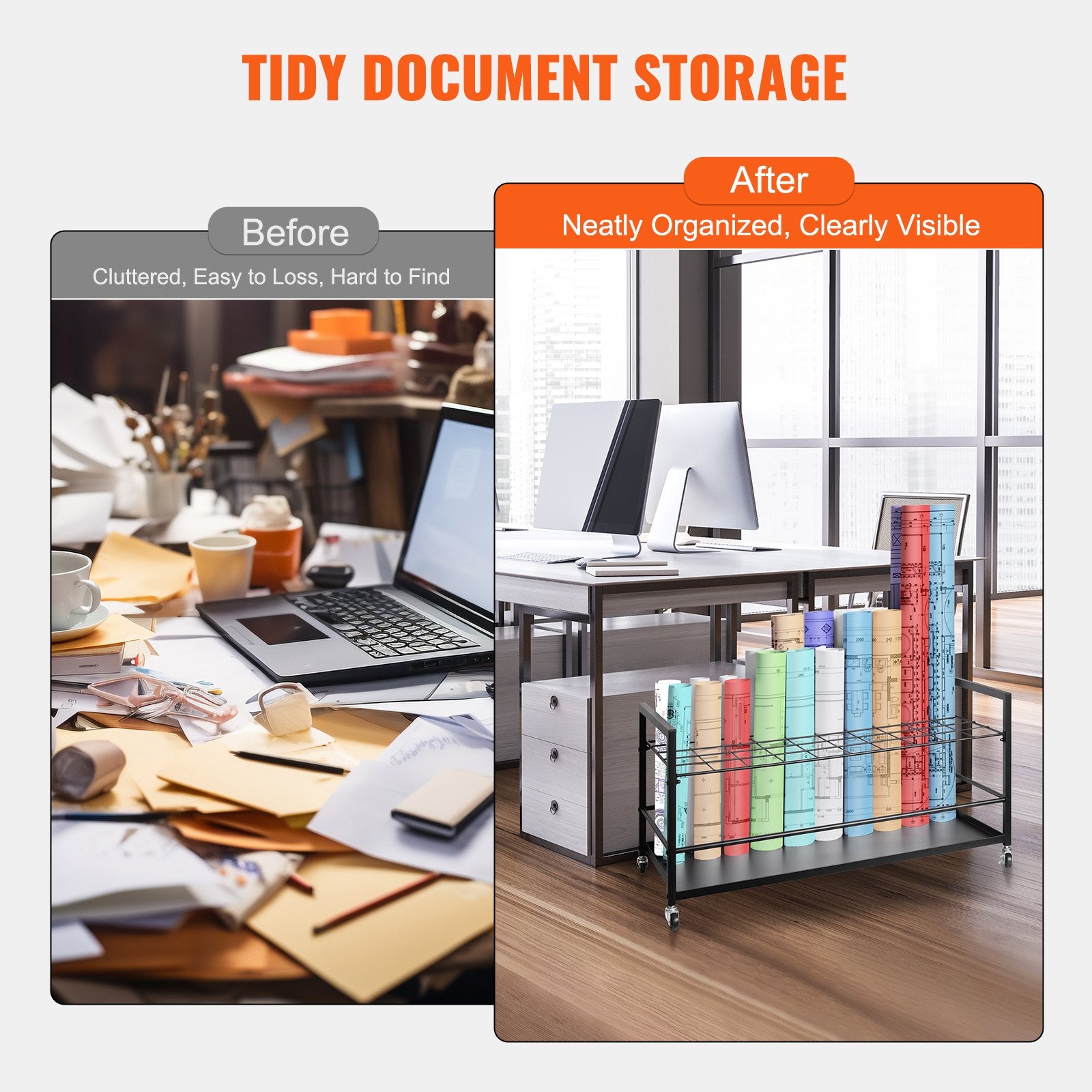 Desk Accessories: VEVOR Blueprint Storage Rack 50 Slots Mobile Roll File Holder for Architectural