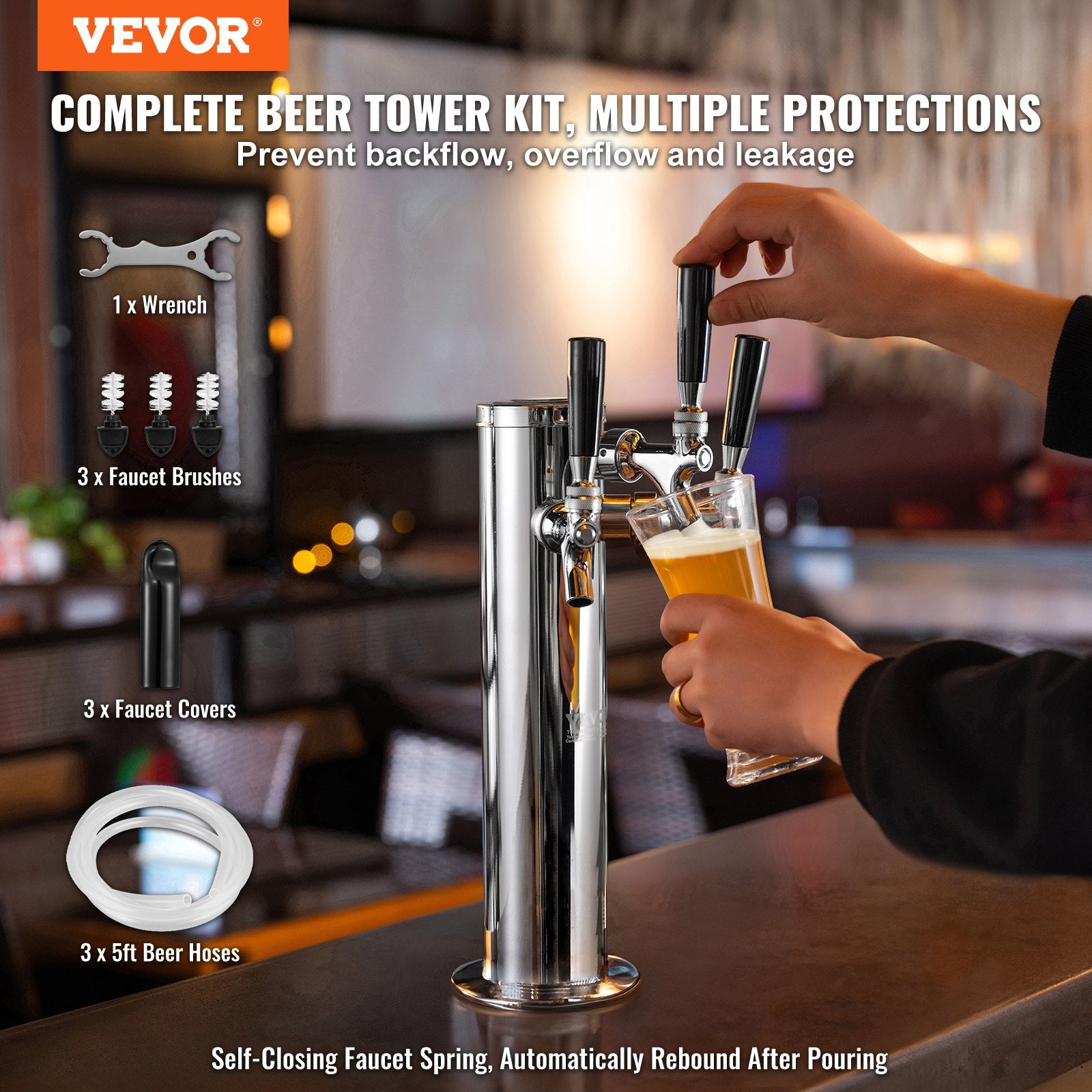 Basketball & Basketball Accessories: VEVOR Triple Taps Draft Beer Tower Dispenser, Stainless Steel Keg Beer Tower, Kegerator Tower Kit with Pre-Assembled Tubing and Self-Closing Faucet Shanks for Party, Bar, Pub, Restaurant