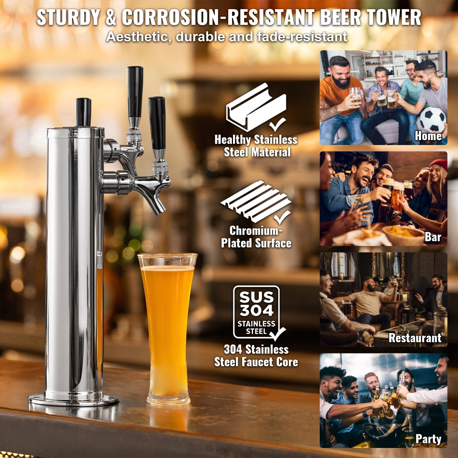 Basketball & Basketball Accessories: VEVOR Triple Taps Draft Beer Tower Dispenser, Stainless Steel Keg Beer Tower, Kegerator Tower Kit with Pre-Assembled Tubing and Self-Closing Faucet Shanks for Party, Bar, Pub, Restaurant