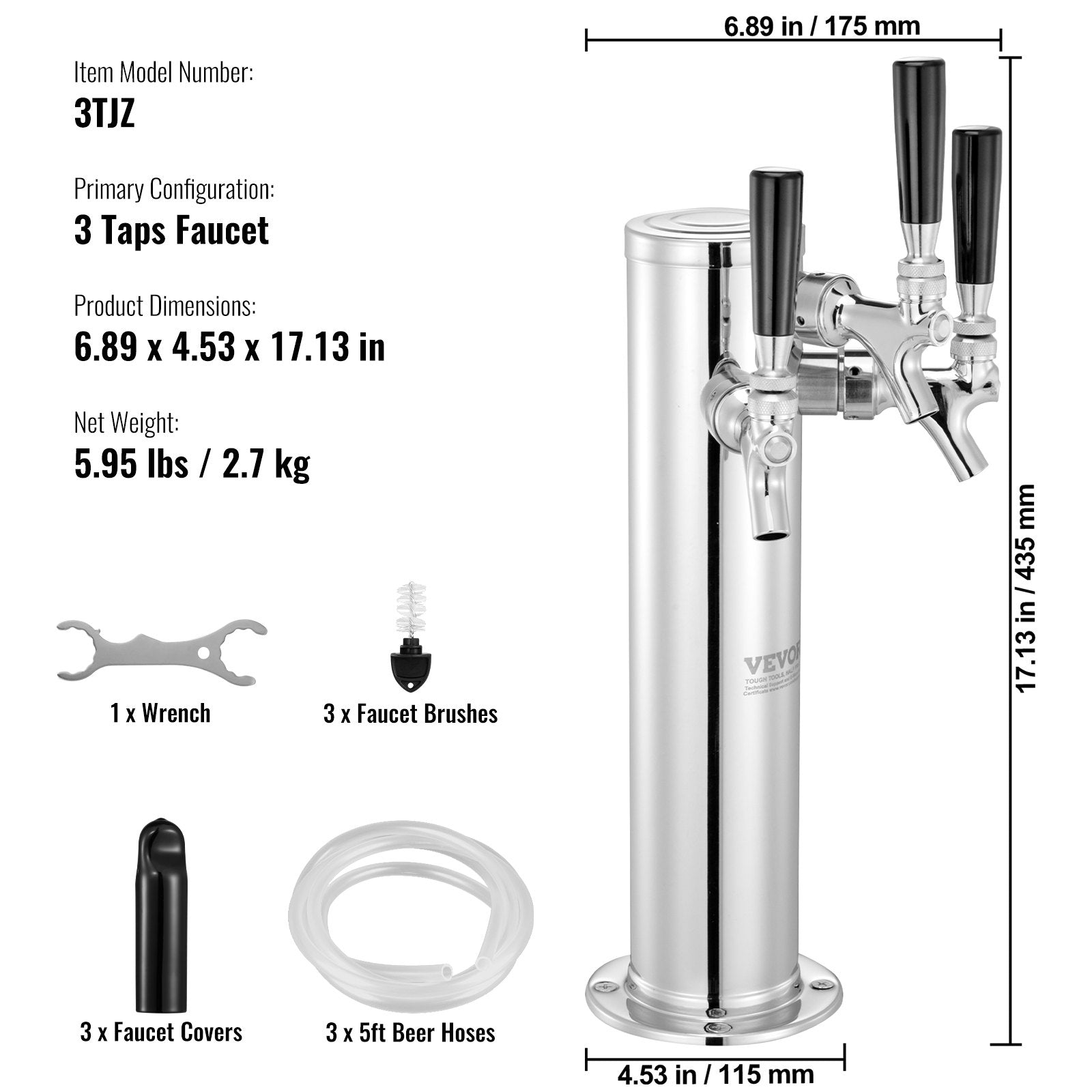 Basketball & Basketball Accessories: VEVOR Triple Taps Draft Beer Tower Dispenser, Stainless Steel Keg Beer Tower, Kegerator Tower Kit with Pre-Assembled Tubing and Self-Closing Faucet Shanks for Party, Bar, Pub, Restaurant