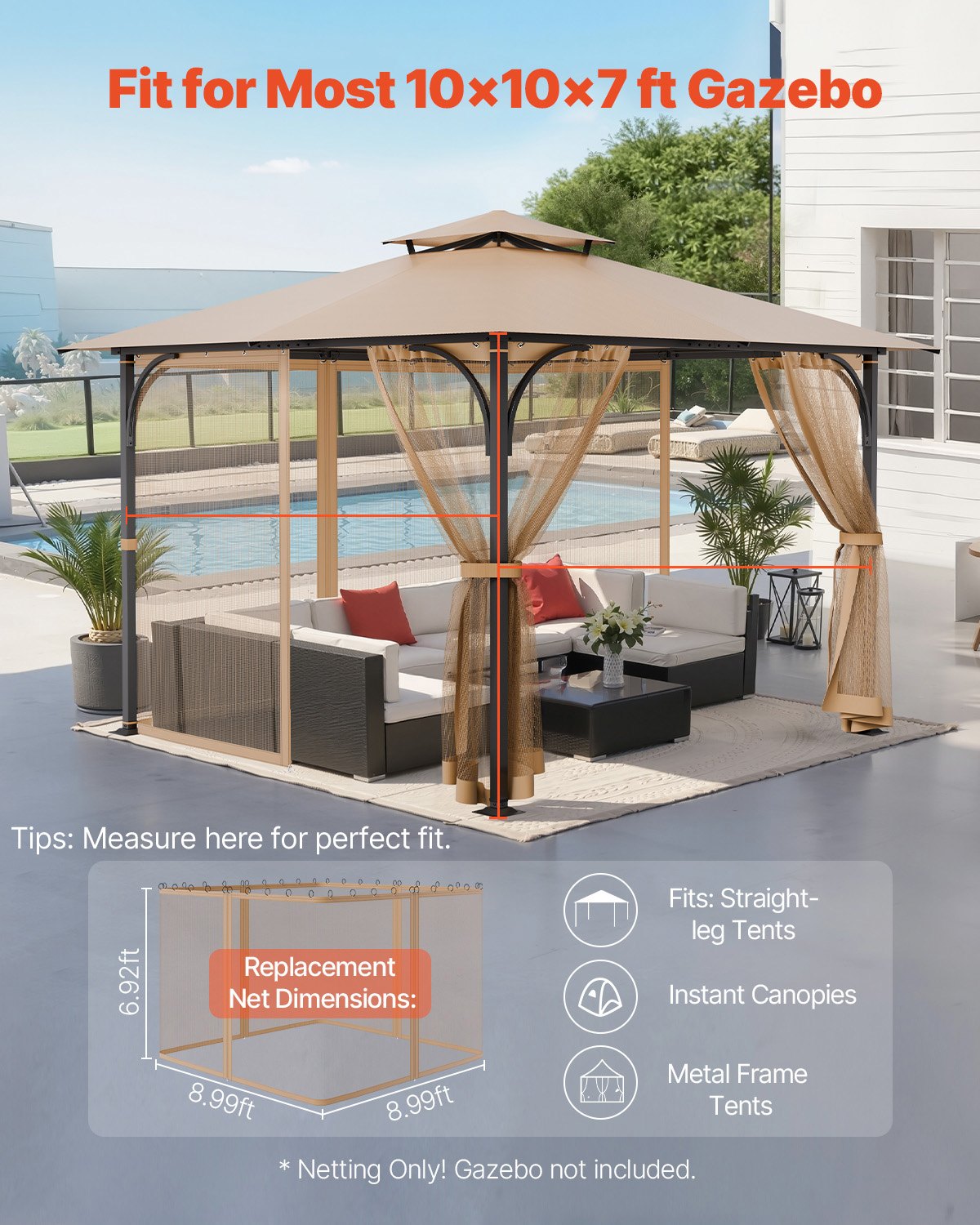 Canopies & Gazebos: VEVOR Gazebo Netting Replacement, Fit Most 10 x 10 x 7 FT Gazebo Curtain, Outdoor Garden Net, 4-Panel Sidewall Mesh Net, Patio Midge Netting with Double Zipper, Canopy Screen (Netting Only)