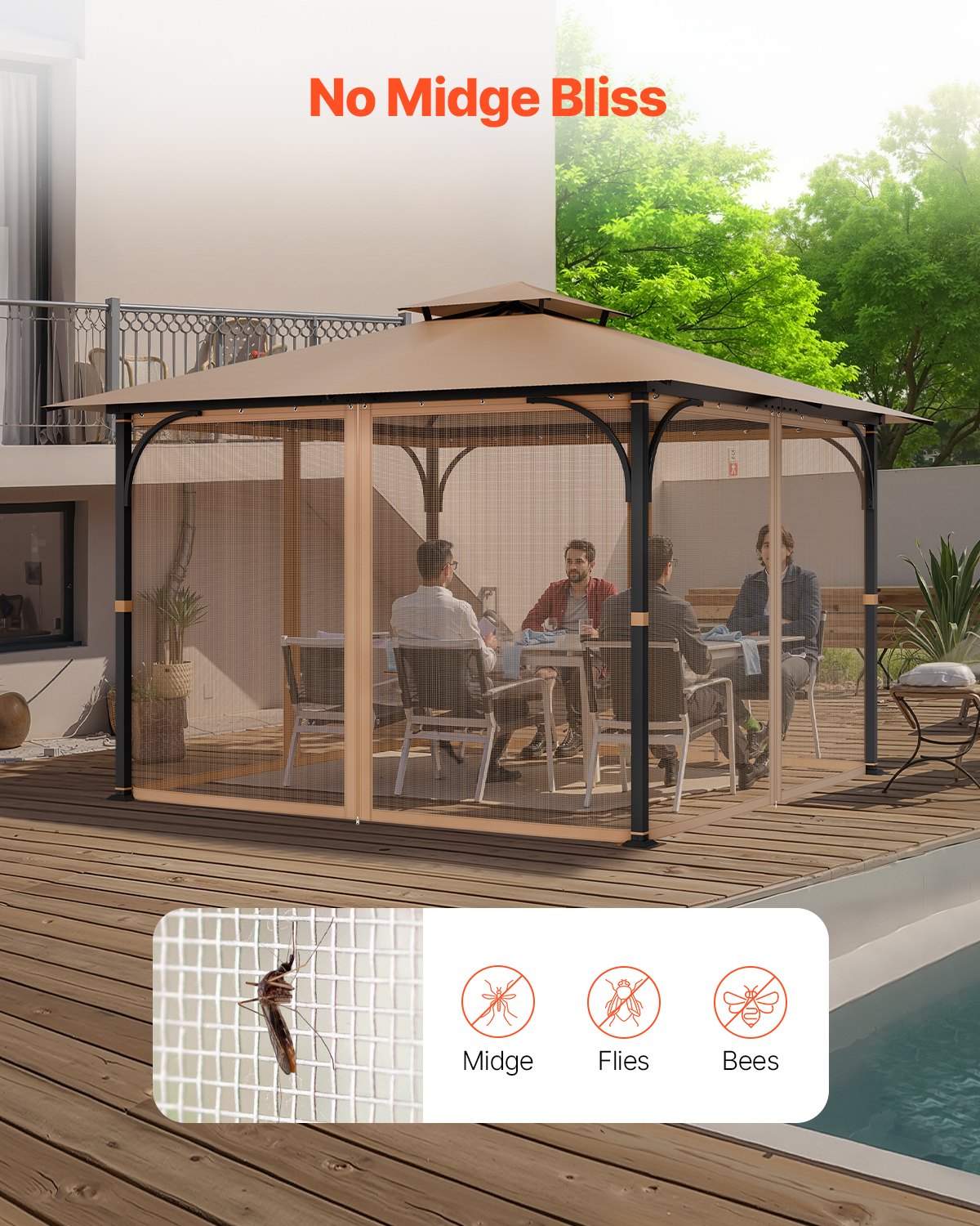 Canopies & Gazebos: VEVOR Gazebo Netting Replacement, Fit Most 10 x 10 x 7 FT Gazebo Curtain, Outdoor Garden Net, 4-Panel Sidewall Mesh Net, Patio Midge Netting with Double Zipper, Canopy Screen (Netting Only)