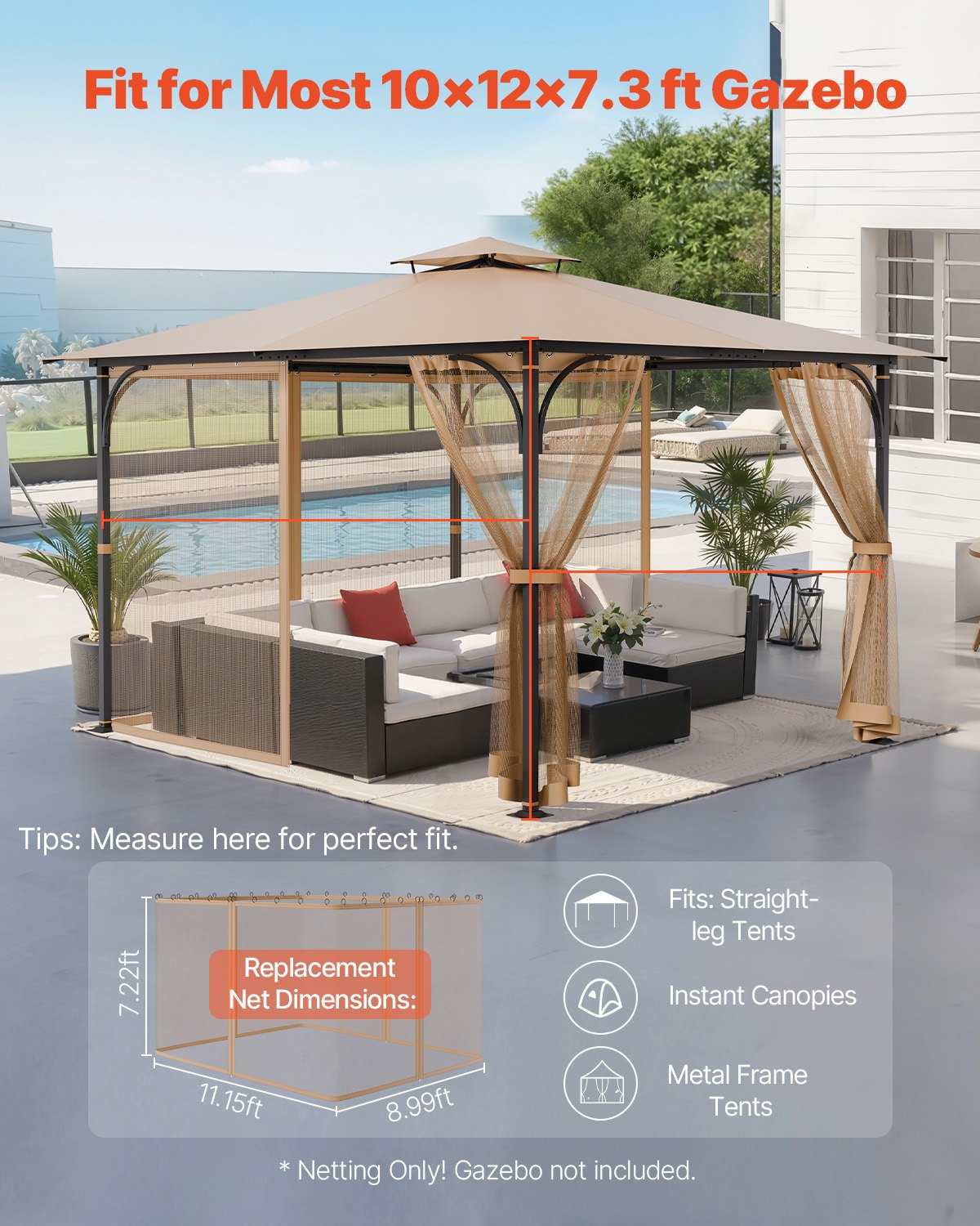 Canopies & Gazebos: VEVOR Gazebo Netting Replacement, Fit Most 10 x 12 x 7.3 FT Gazebo, Outdoor Garden Gazebo Net, 4-Panel Sidewall Mesh Gazebo Curtain, Patio Midge Netting with Double Zipper, Canopy Screen (Netting Only)