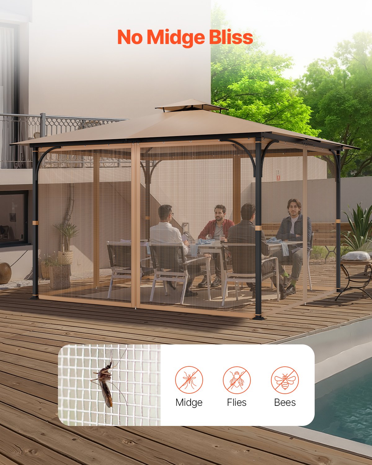 Canopies & Gazebos: VEVOR Gazebo Netting Replacement, Fit Most 10 x 12 x 7.3 FT Gazebo, Outdoor Garden Gazebo Net, 4-Panel Sidewall Mesh Gazebo Curtain, Patio Midge Netting with Double Zipper, Canopy Screen (Netting Only)