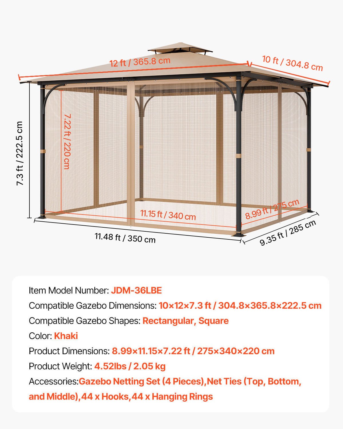 Canopies & Gazebos: VEVOR Gazebo Netting Replacement, Fit Most 10 x 12 x 7.3 FT Gazebo, Outdoor Garden Gazebo Net, 4-Panel Sidewall Mesh Gazebo Curtain, Patio Midge Netting with Double Zipper, Canopy Screen (Netting Only)