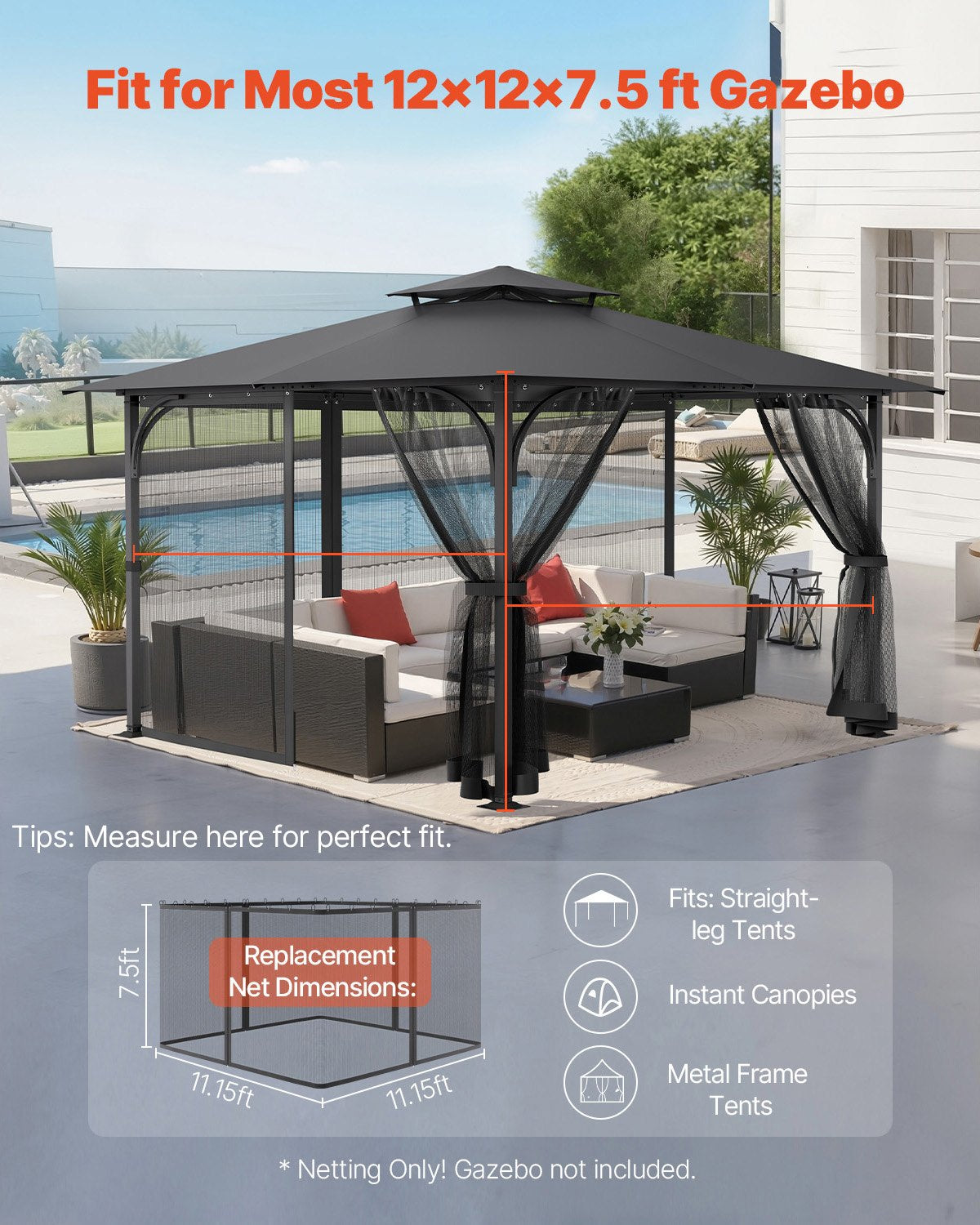 Canopies & Gazebos: VEVOR Gazebo Netting Replacement, Fit Most 12 x 12 x 7.5 FT Gazebo Curtain, Outdoor Garden Net, 4-Panel Sidewall Mesh Net, Patio Midge Netting with Double Zipper, Canopy Screen (Netting Only)