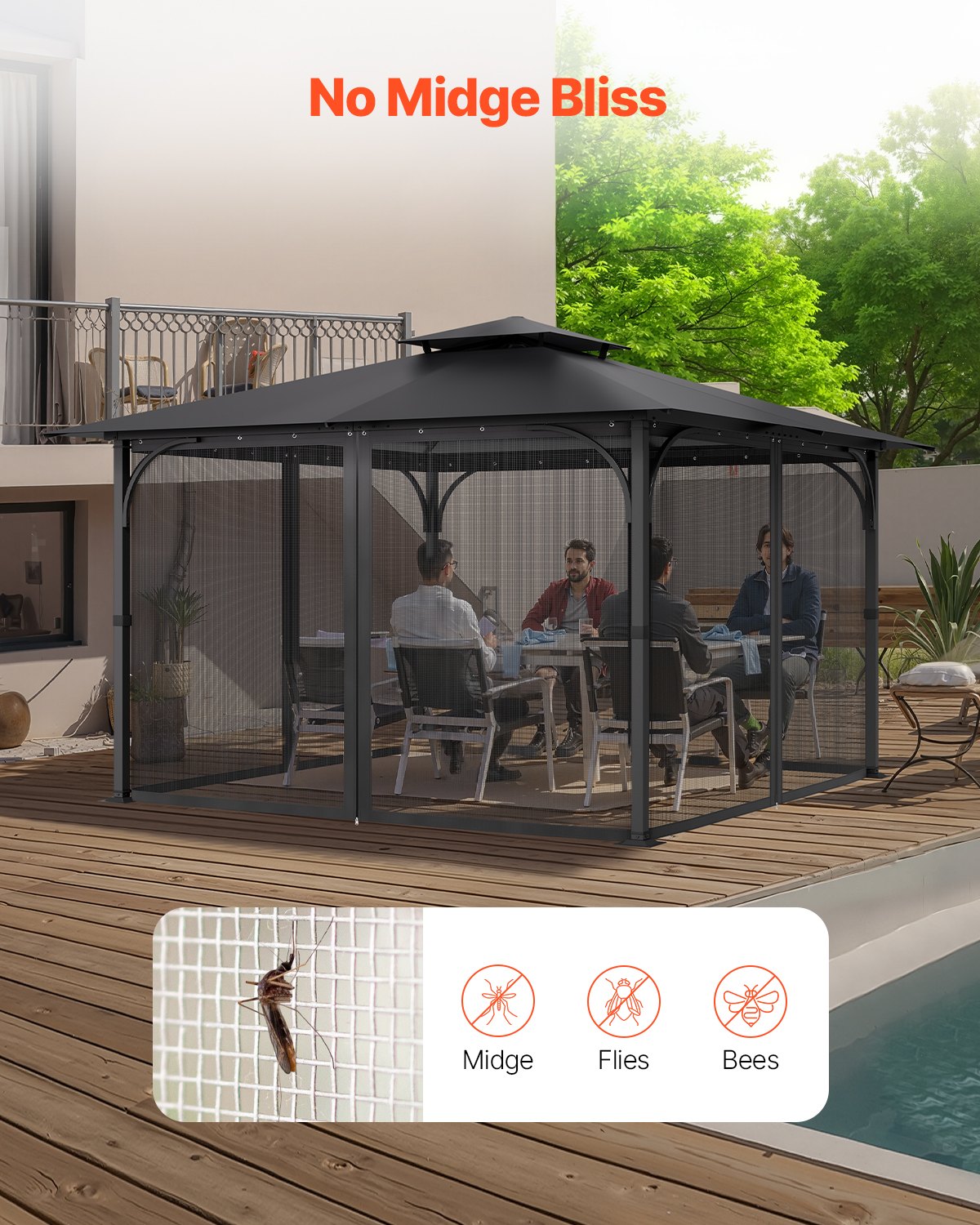 Canopies & Gazebos: VEVOR Gazebo Netting Replacement, Fit Most 12 x 12 x 7.5 FT Gazebo Curtain, Outdoor Garden Net, 4-Panel Sidewall Mesh Net, Patio Midge Netting with Double Zipper, Canopy Screen (Netting Only)