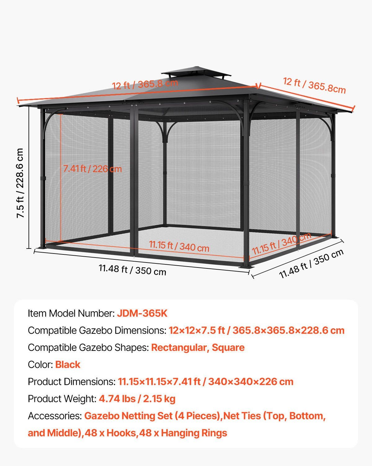 Canopies & Gazebos: VEVOR Gazebo Netting Replacement, Fit Most 12 x 12 x 7.5 FT Gazebo Curtain, Outdoor Garden Net, 4-Panel Sidewall Mesh Net, Patio Midge Netting with Double Zipper, Canopy Screen (Netting Only)