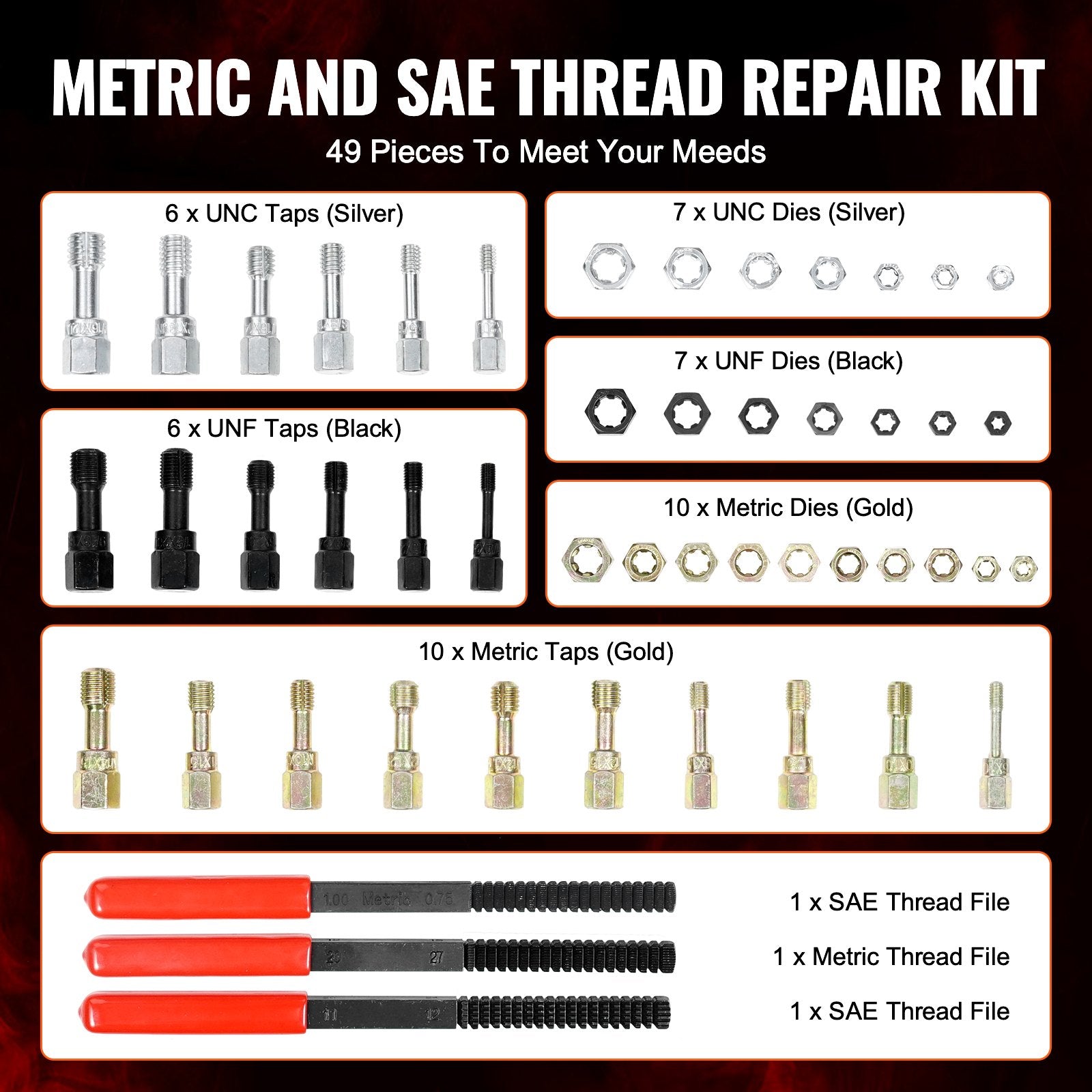 Tool Sockets: VEVOR 49-Piece Thread Chaser Set, UNC UNF and Metric Thread Restorer Tool, Rethreading Tool Kit with 22 Taps 24 Dies 3 Thread Files Storage Case, Heat Treated Steel, for Mechanics DIY Enthusiasts