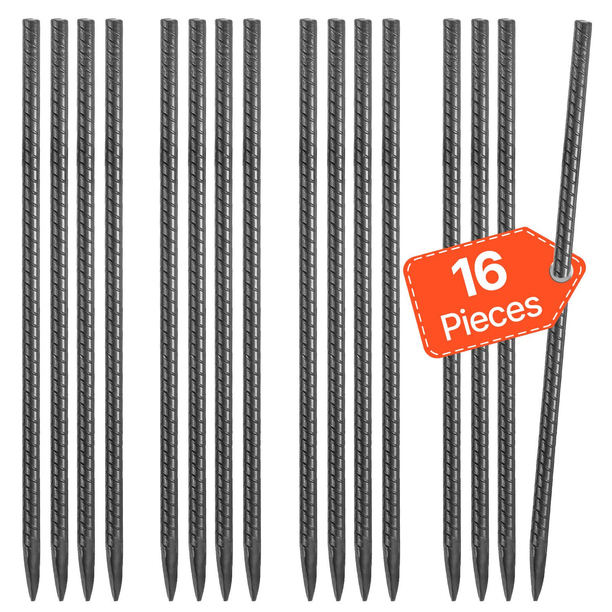 Rebar Stakes, 406.4 mm, Heavy-Duty 11.5 mm Diameter, Straight Galvanized Steel Ground Anchors with Chisel Point End & Rust-Resistant Coating, for Gardening Support, Fence, Camping Tents (16-Pack)