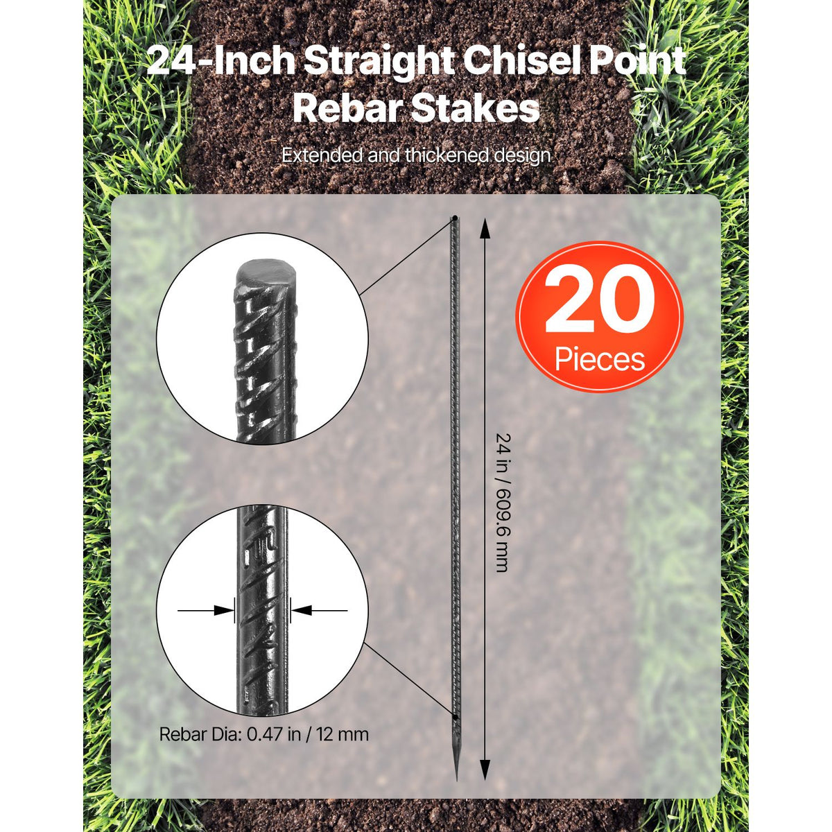 Rebar Stakes, 609.6 mm, Heavy-Duty 12 mm Diameter, Straight Galvanized Steel Ground Anchors with Chisel Point End & Rust-Resistant Coating, for Gardening Support, Fence, Camping Tents (20-Pack)