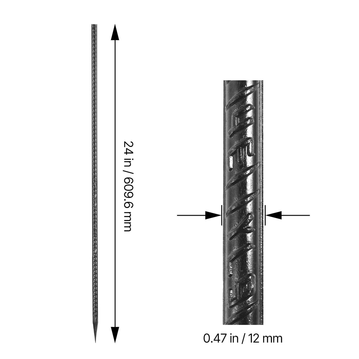 Rebar Stakes, 609.6 mm, Heavy-Duty 12 mm Diameter, Straight Galvanized Steel Ground Anchors with Chisel Point End & Rust-Resistant Coating, for Gardening Support, Fence, Camping Tents (20-Pack)
