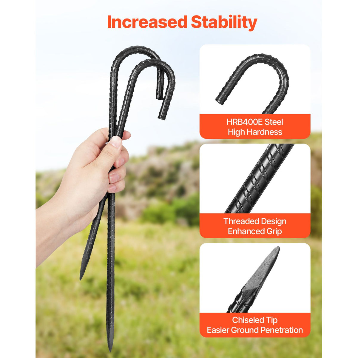 Rebar Stakes, 304.8 mm, Heavy-Duty 10 mm Diameter J Hook, Galvanized Steel Ground Anchors with Chisel Point End & Rust-Resistant Coating, for Gardening Support, Fence, Camping Tents (16-Pack)