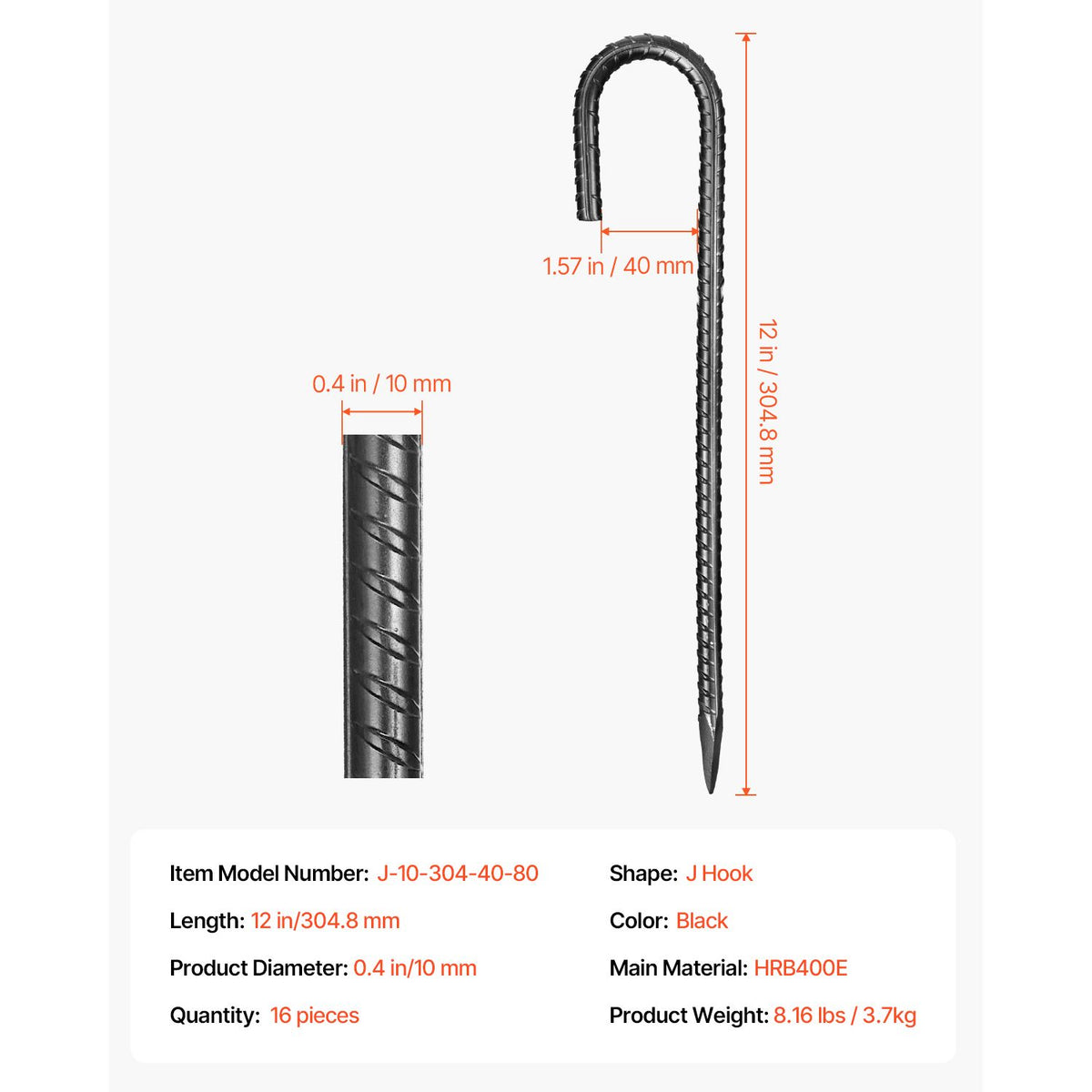 Rebar Stakes, 304.8 mm, Heavy-Duty 10 mm Diameter J Hook, Galvanized Steel Ground Anchors with Chisel Point End & Rust-Resistant Coating, for Gardening Support, Fence, Camping Tents (16-Pack)