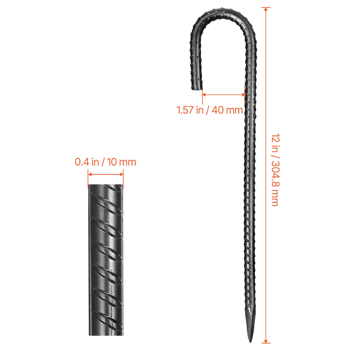 Rebar Stakes, 304.8 mm, Heavy-Duty 10 mm Diameter J Hook, Galvanized Steel Ground Anchors with Chisel Point End & Rust-Resistant Coating, for Gardening Support, Fence, Camping Tents (16-Pack)