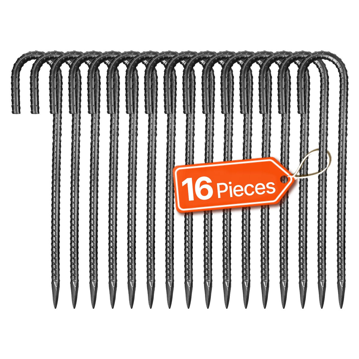 Rebar Stakes, 304.8 mm, Heavy-Duty 10 mm Diameter J Hook, Galvanized Steel Ground Anchors with Chisel Point End & Rust-Resistant Coating, for Gardening Support, Fence, Camping Tents (16-Pack)