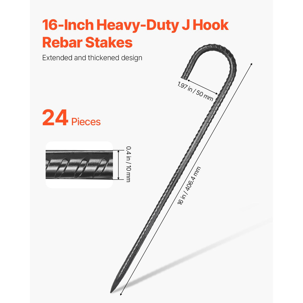 Rebar Stakes, 406.4 mm, Heavy-Duty 10 mm Diameter J Hook, Galvanized Steel Ground Anchors with Chisel Point End & Rust-Resistant Coating, for Gardening Support, Fence, Camping Tents (24-Pack)