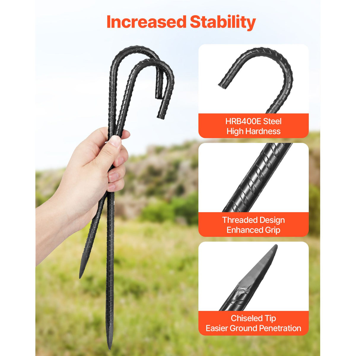 Rebar Stakes, 406.4 mm, Heavy-Duty 10 mm Diameter J Hook, Galvanized Steel Ground Anchors with Chisel Point End & Rust-Resistant Coating, for Gardening Support, Fence, Camping Tents (24-Pack)