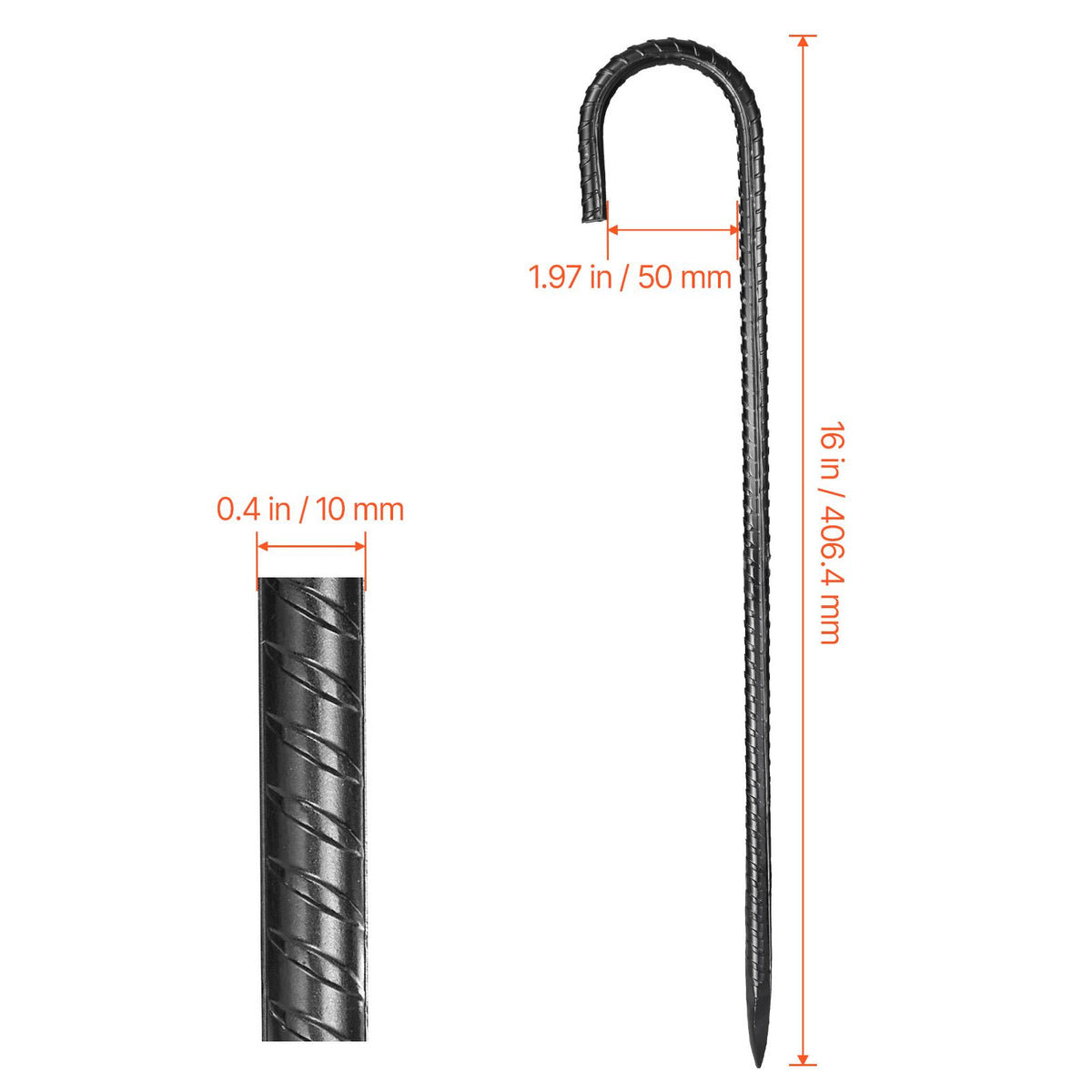 Rebar Stakes, 406.4 mm, Heavy-Duty 10 mm Diameter J Hook, Galvanized Steel Ground Anchors with Chisel Point End & Rust-Resistant Coating, for Gardening Support, Fence, Camping Tents (24-Pack)