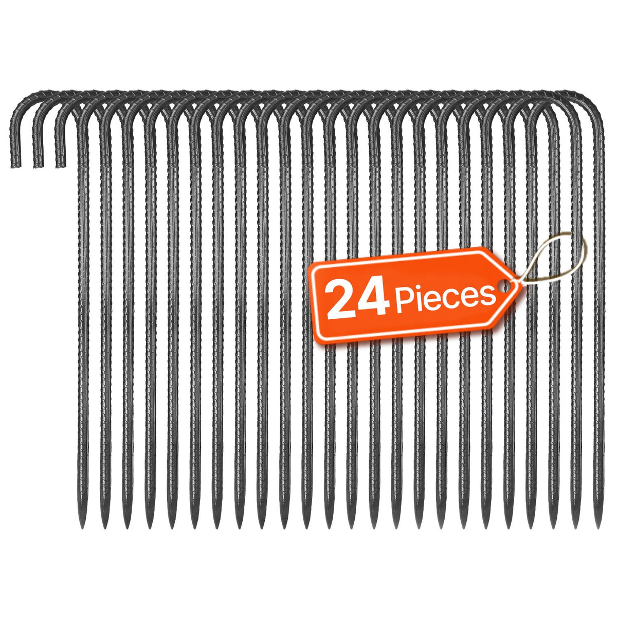 Rebar Stakes, 406.4 mm, Heavy-Duty 10 mm Diameter J Hook, Galvanized Steel Ground Anchors with Chisel Point End & Rust-Resistant Coating, for Gardening Support, Fence, Camping Tents (24-Pack)