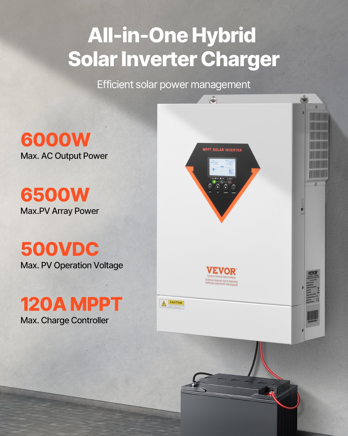 Hybrid Solar Inverter, 6000W, All in One Pure Sine Wave Power Inverter Charger, 220V AC, with Built-in 120A MPPT Solar Charger Controller, for Off-Grid System Lead Acid Lithium Battery
