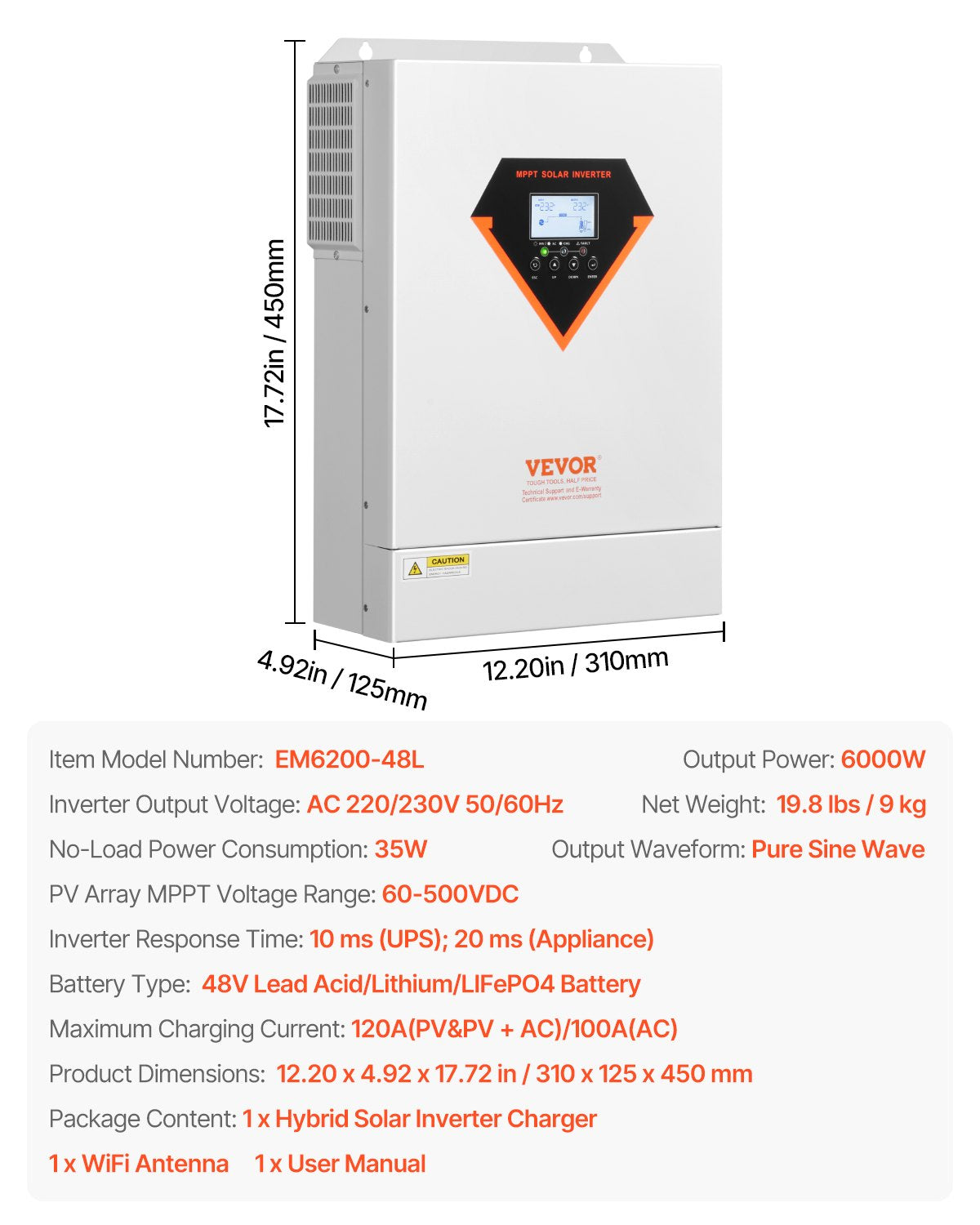 Hybrid Solar Inverter, 6000W, All in One Pure Sine Wave Power Inverter Charger, 220V AC, with Built-in 120A MPPT Solar Charger Controller, for Off-Grid System Lead Acid Lithium Battery