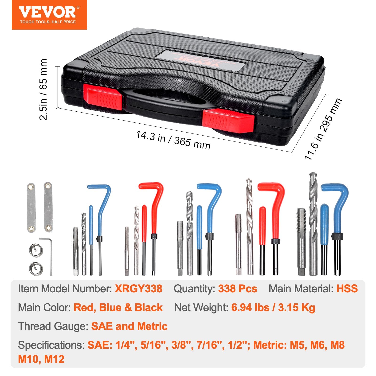 Automotive Repair & Speciality Tools: VEVOR Helicoil Thread Repair Kit, 338-Piece SAE and Metric Rethreading Tool Kit, M5, M6, M8, M10, M12, 1/4", 5/16", 3/8", 7/16", 1/2", HSS Drill Bits Thread Inserts Taps Breakoff Installation Tools