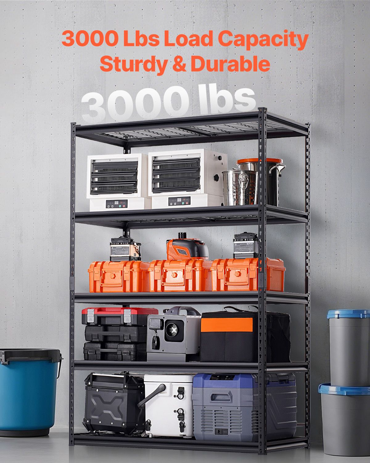 Storage Shelves, 1361 kg, 5 Tier Heavy Duty Garage Shelving, 609.6 x 1219.2 x 1828.8 mm Adjustable Metal Shelves for Industrial Shelving Unit Utility Shelf, for Kitchen, Warehouse, Basement
