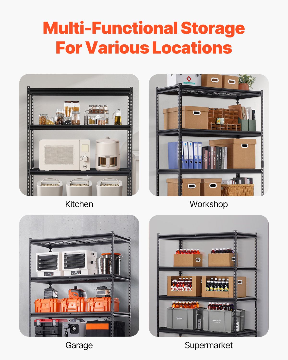 Storage Shelves, 1361 kg, 5 Tier Heavy Duty Garage Shelving, 609.6 x 1219.2 x 1828.8 mm Adjustable Metal Shelves for Industrial Shelving Unit Utility Shelf, for Kitchen, Warehouse, Basement