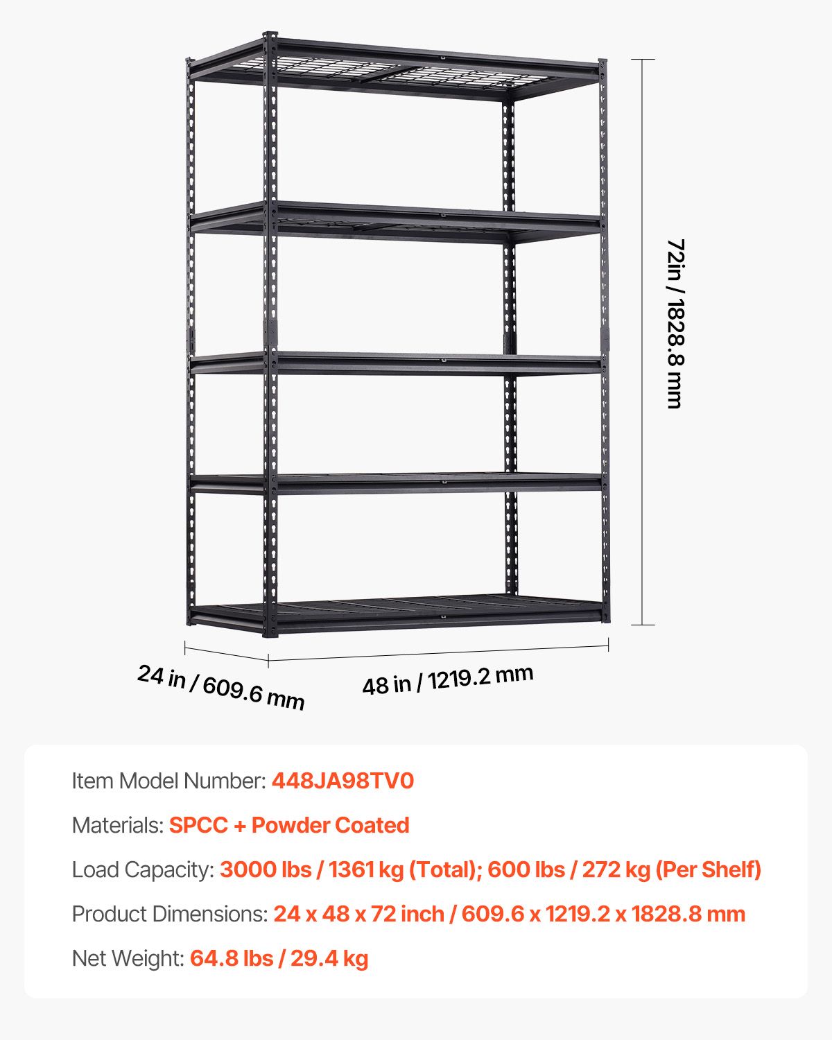 Storage Shelves, 1361 kg, 5 Tier Heavy Duty Garage Shelving, 609.6 x 1219.2 x 1828.8 mm Adjustable Metal Shelves for Industrial Shelving Unit Utility Shelf, for Kitchen, Warehouse, Basement