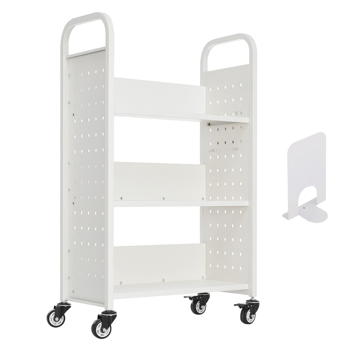 Rolling Library Book Cart, 150 kg Capacity, 77 x 38 x 122 cm Library Cart, Single Sided L-Shaped Shelves with 76.2 mm Lockable Wheels, Book Truck for Home Shelves Office and School, White
