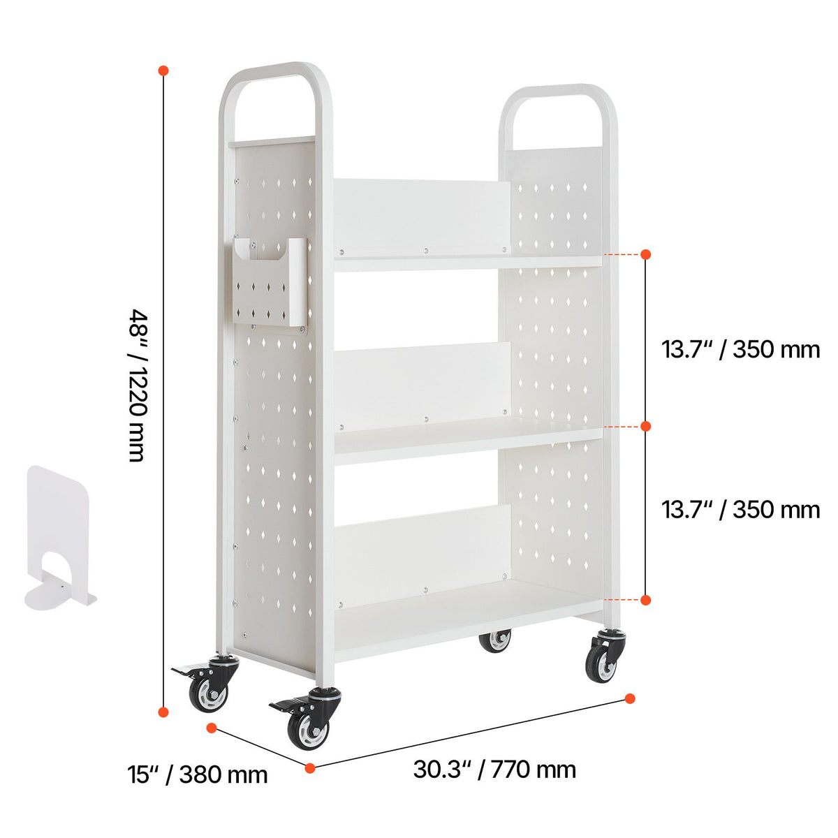 Rolling Library Book Cart, 150 kg Capacity, 77 x 38 x 122 cm Library Cart, Single Sided L-Shaped Shelves with 76.2 mm Lockable Wheels, Book Truck for Home Shelves Office and School, White